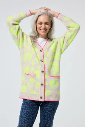 Oatmeal with Neon Yellow Mega Leopard Longline Jacquard Cardigan Soft Material Non Irritating Edging