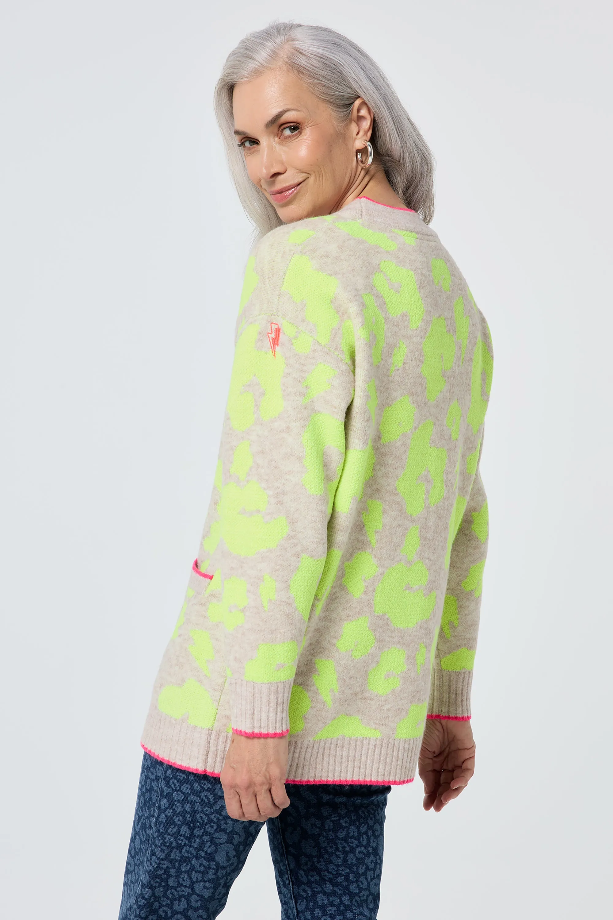 Oatmeal with Neon Yellow Mega Leopard Longline Jacquard Cardigan Thermal Regulation Layer