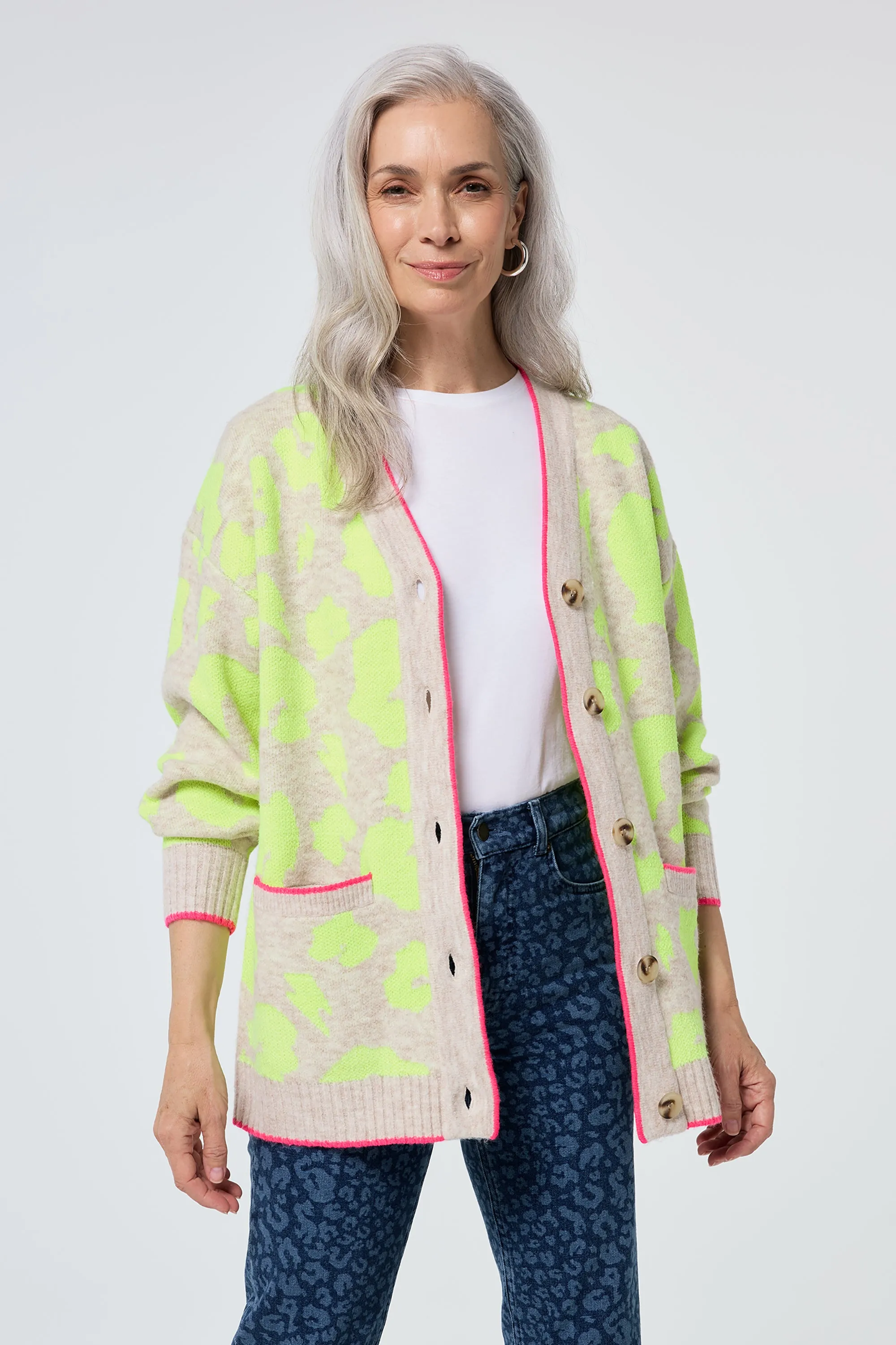 Oatmeal with Neon Yellow Mega Leopard Longline Jacquard Cardigan Fall Wardrobe