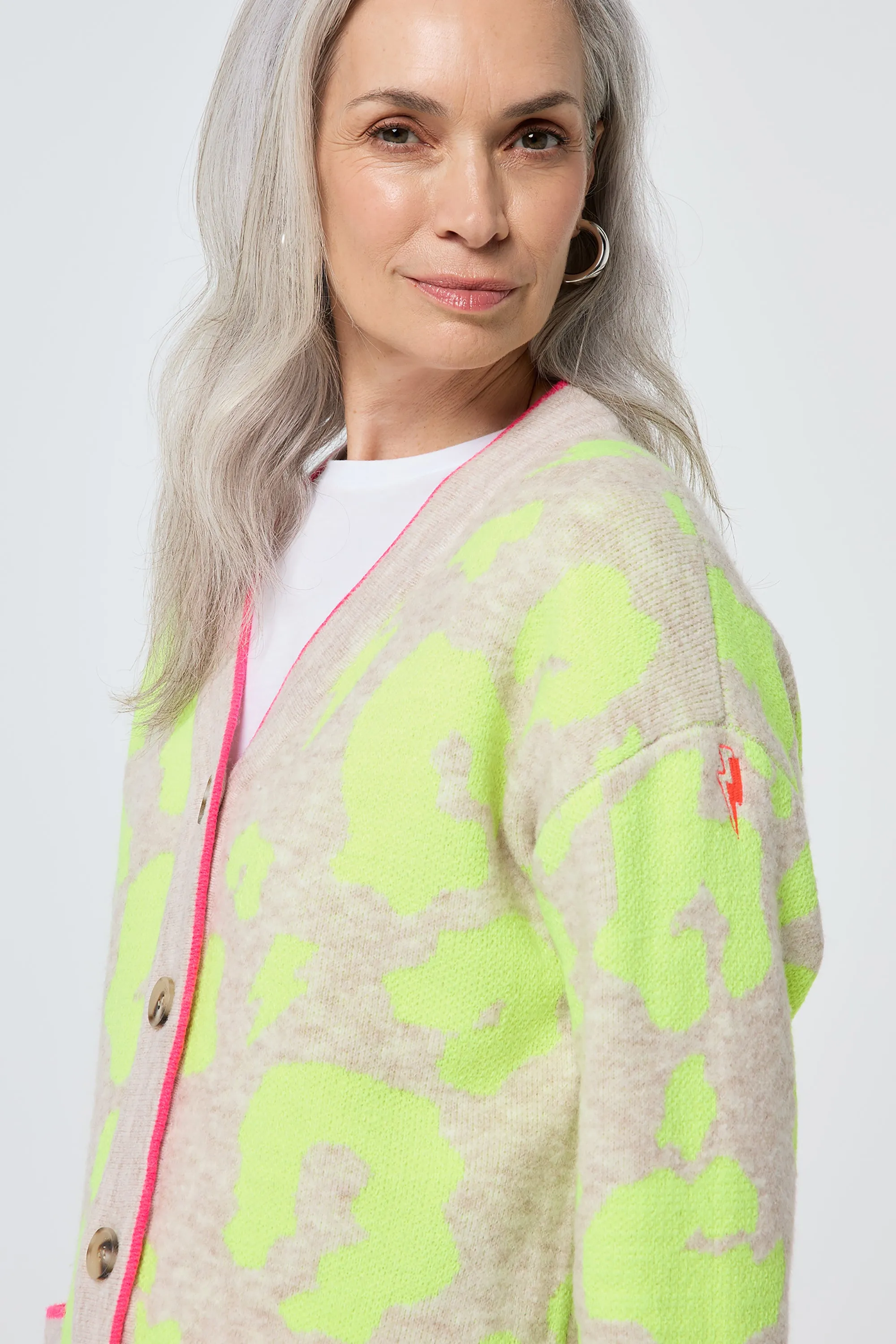 Oatmeal with Neon Yellow Mega Leopard Longline Jacquard Cardigan Moisture Management ShrinkResistant Weave