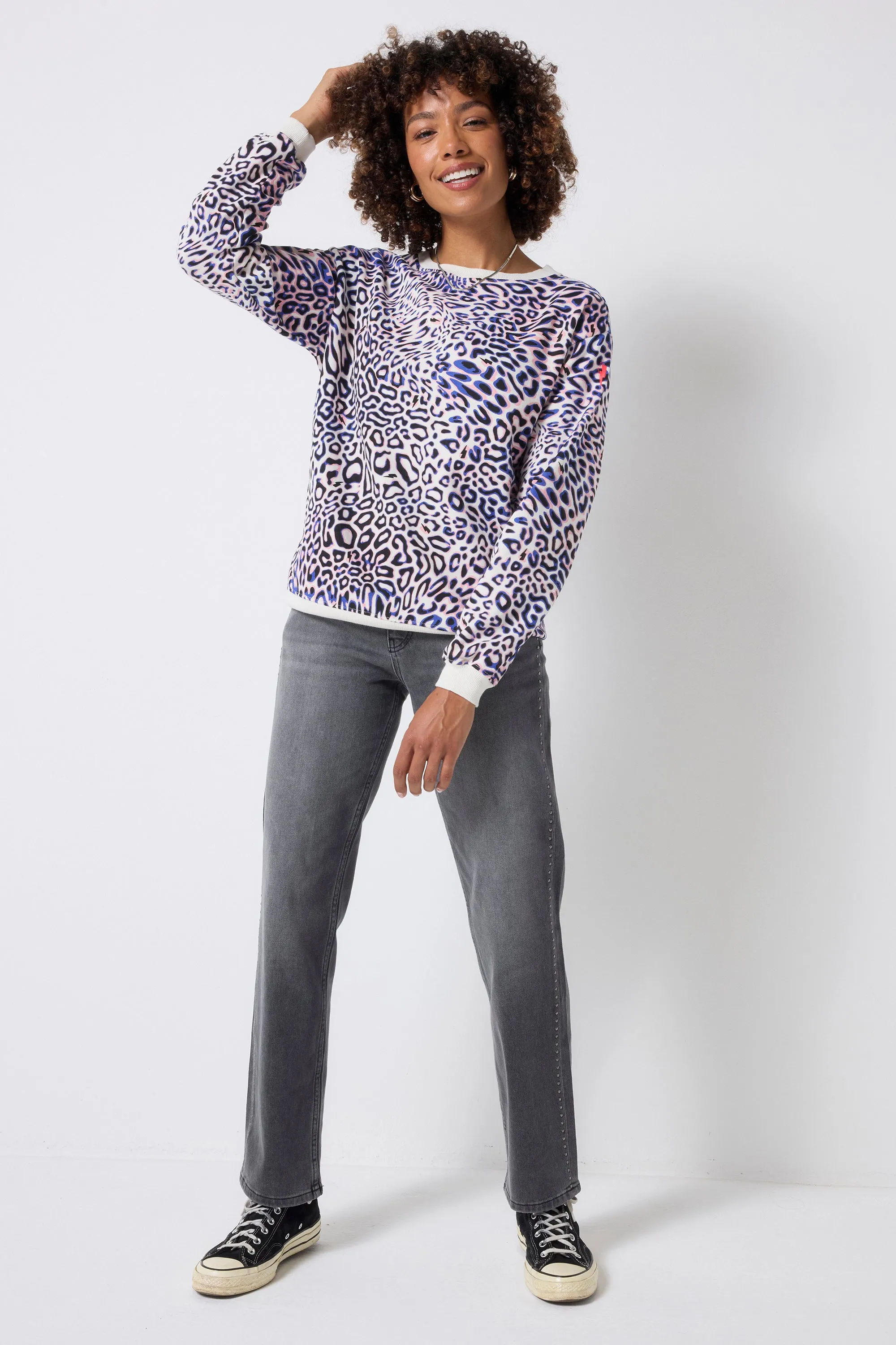 Ivory with Blue and Pink Leopard Ray Oversized Sweatshirt Core Chic