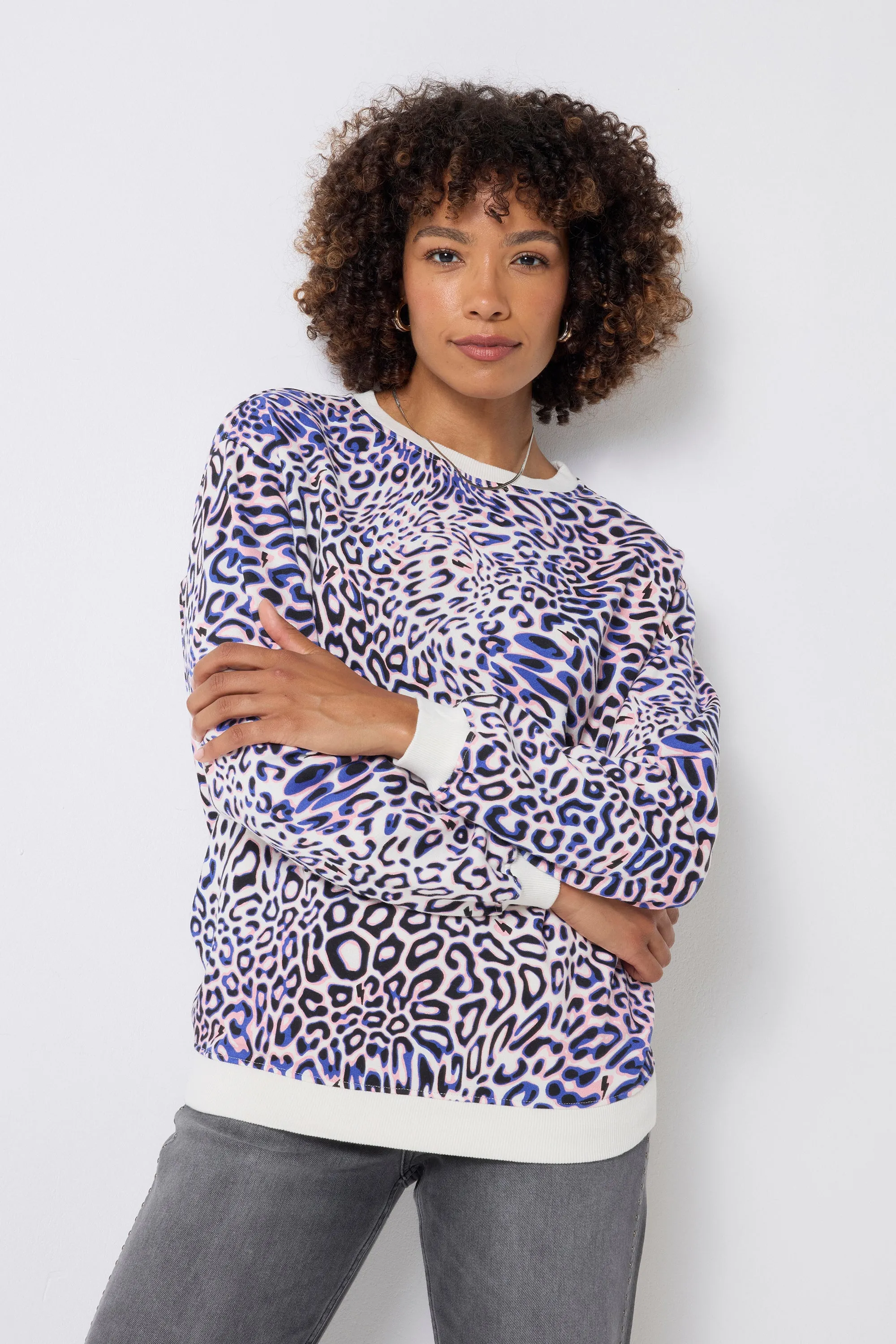 Ivory with Blue and Pink Leopard Ray Oversized Sweatshirt Trendy Look