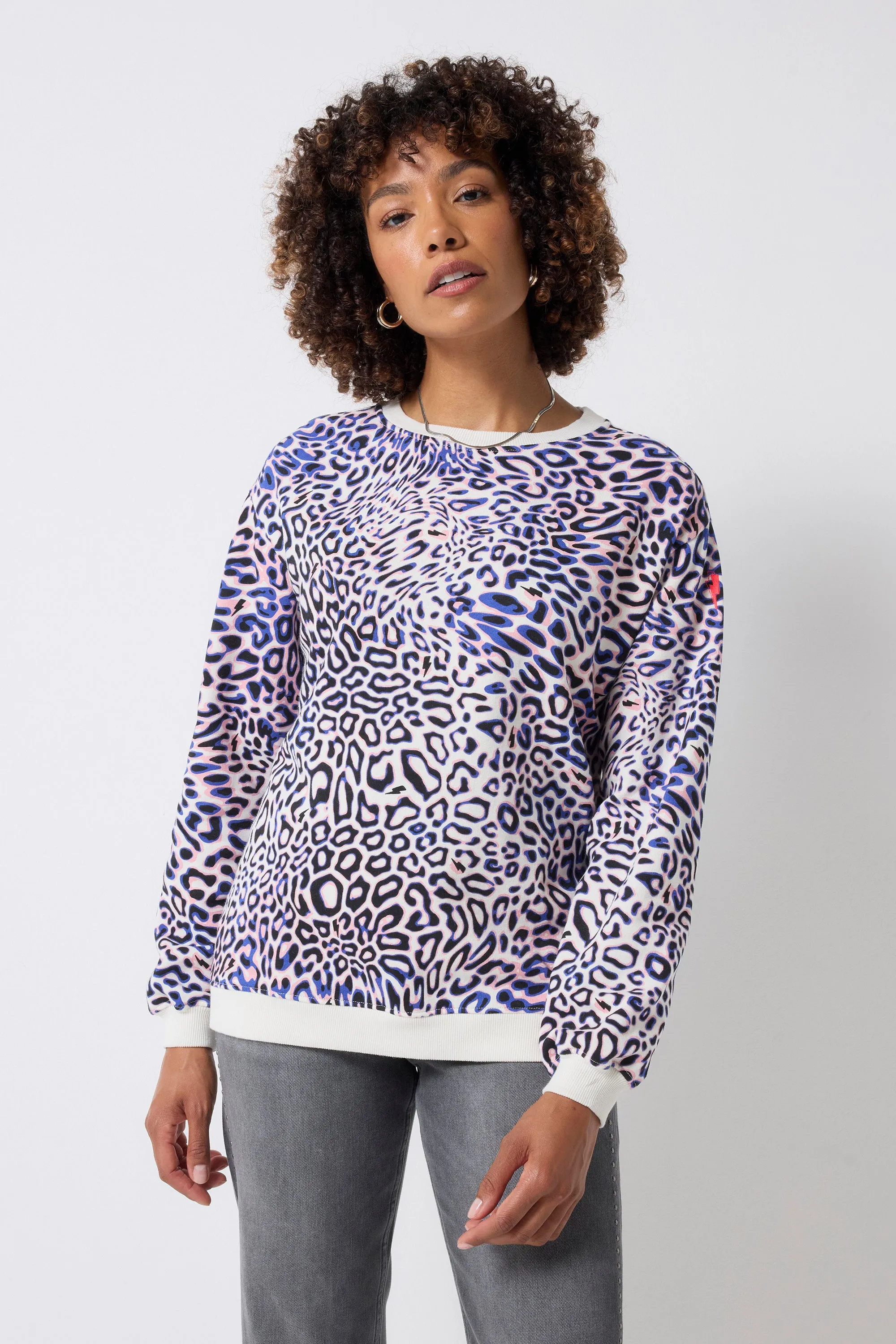 product gym readiness Ivory with Blue and Pink Leopard Ray Oversized Sweatshirt