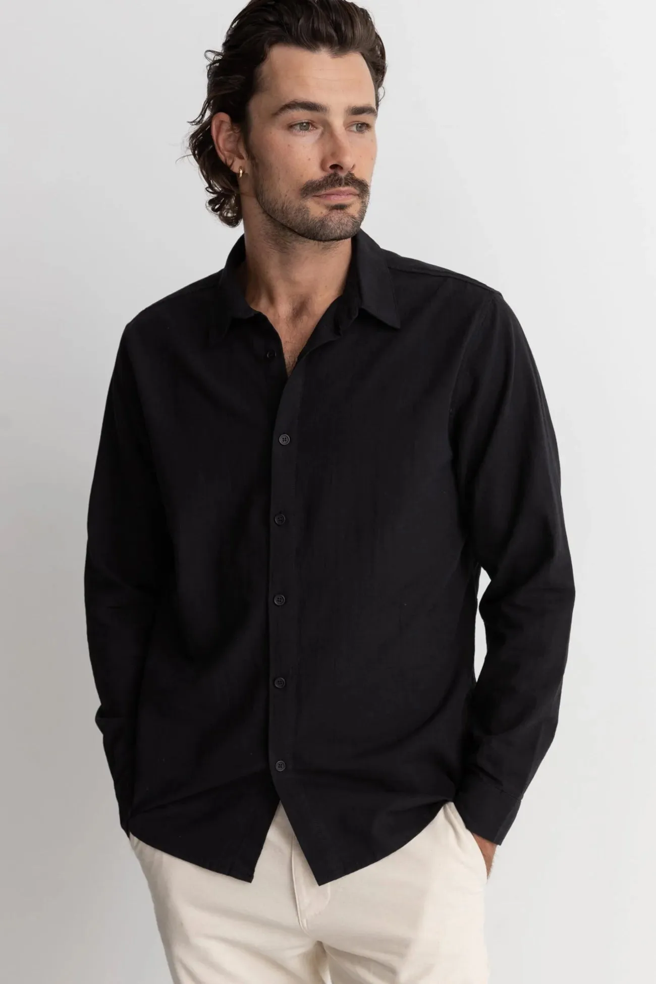 Classic Linen Long Sleeve Shirt Black ZipperedPockets