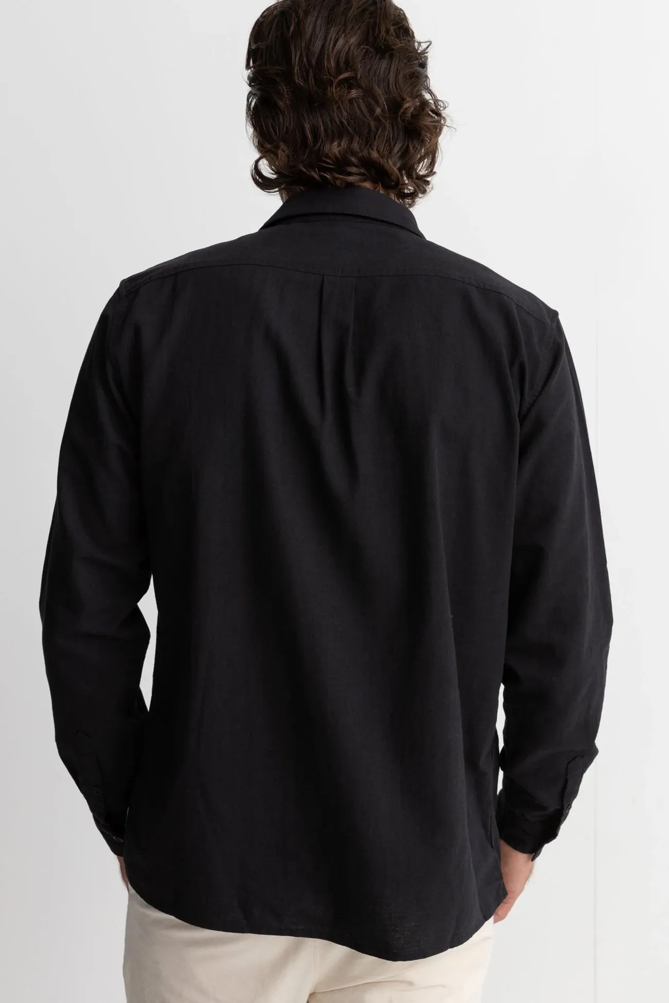 Button Down Collar AbrasionResistantEdging Classic Linen Long Sleeve Shirt Black