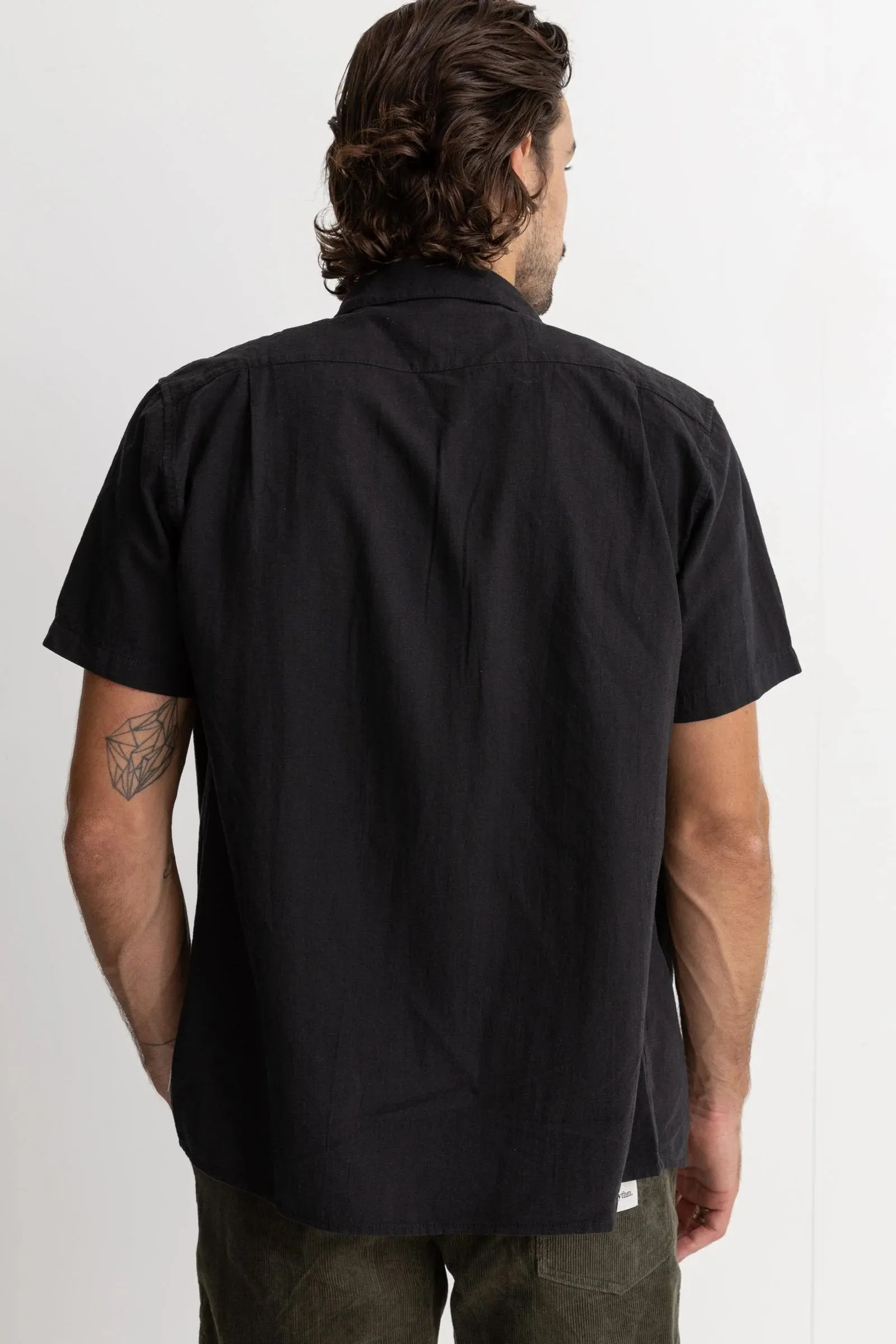 Brushed Inner Layer Classic Linen Short Sleeve Shirt Black