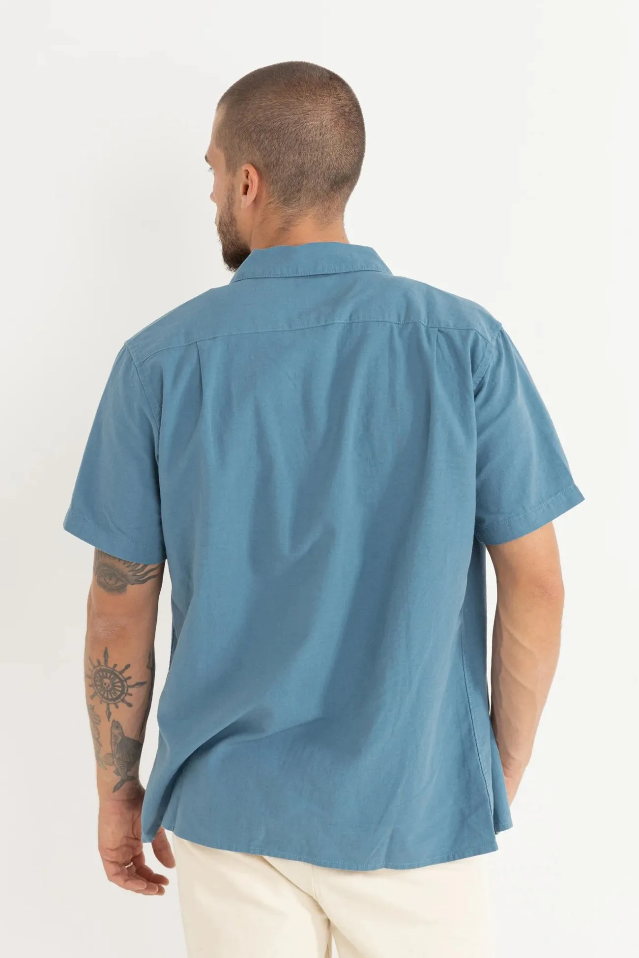 Classic Linen Short Sleeve Shirt Mineral Blue RawEdgedDesign