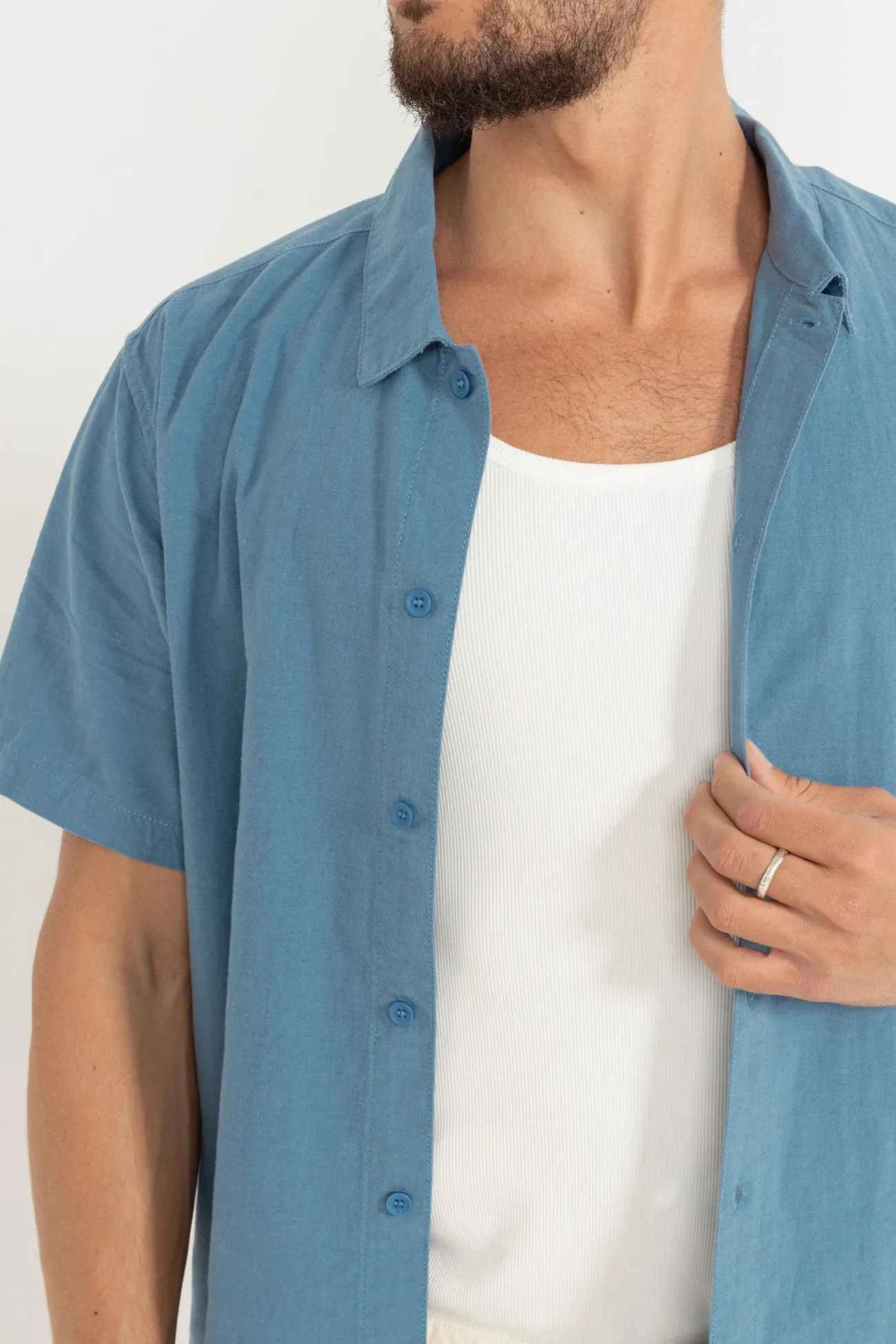 Classic Linen Short Sleeve Shirt Mineral Blue Fashionable Fit