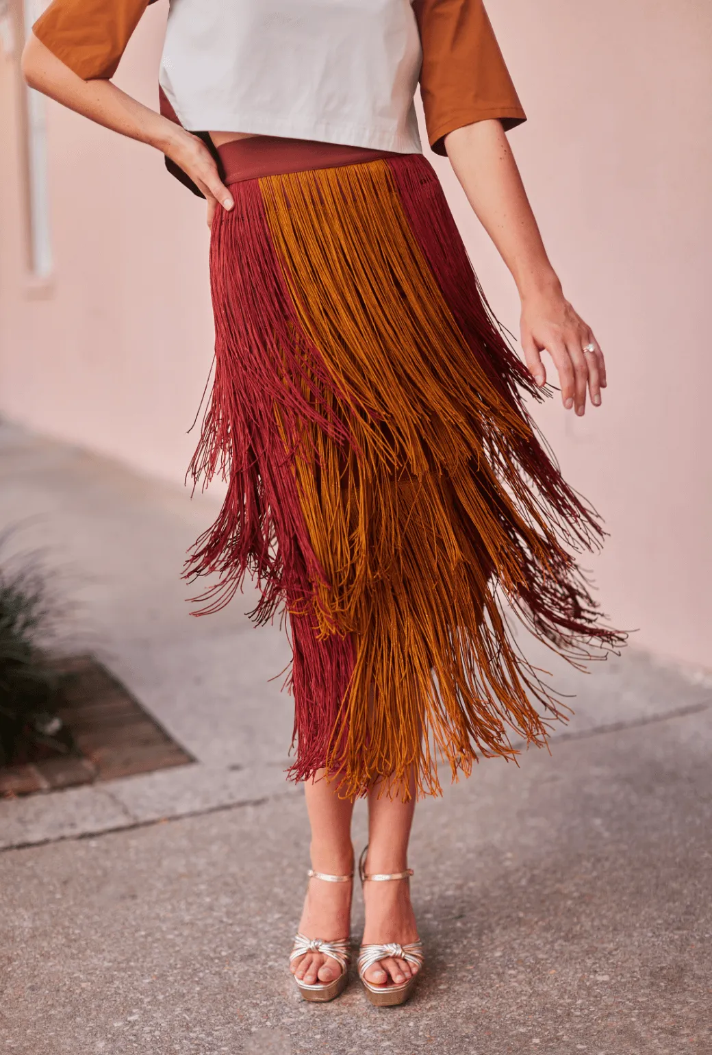Loose Design Comfortable fit Color Block Fringe Skirt- Rust
