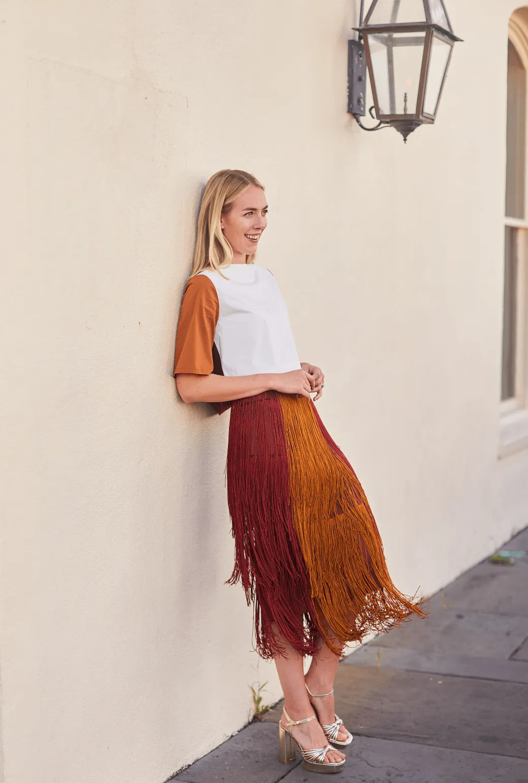 Color Block Fringe Skirt- Rust Feminine Cut