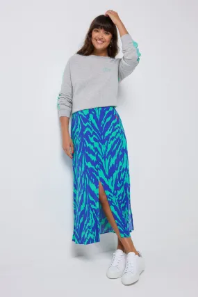 Blue with Green Tiger Button Through Skirt Durable Stitching Twist Front Design
