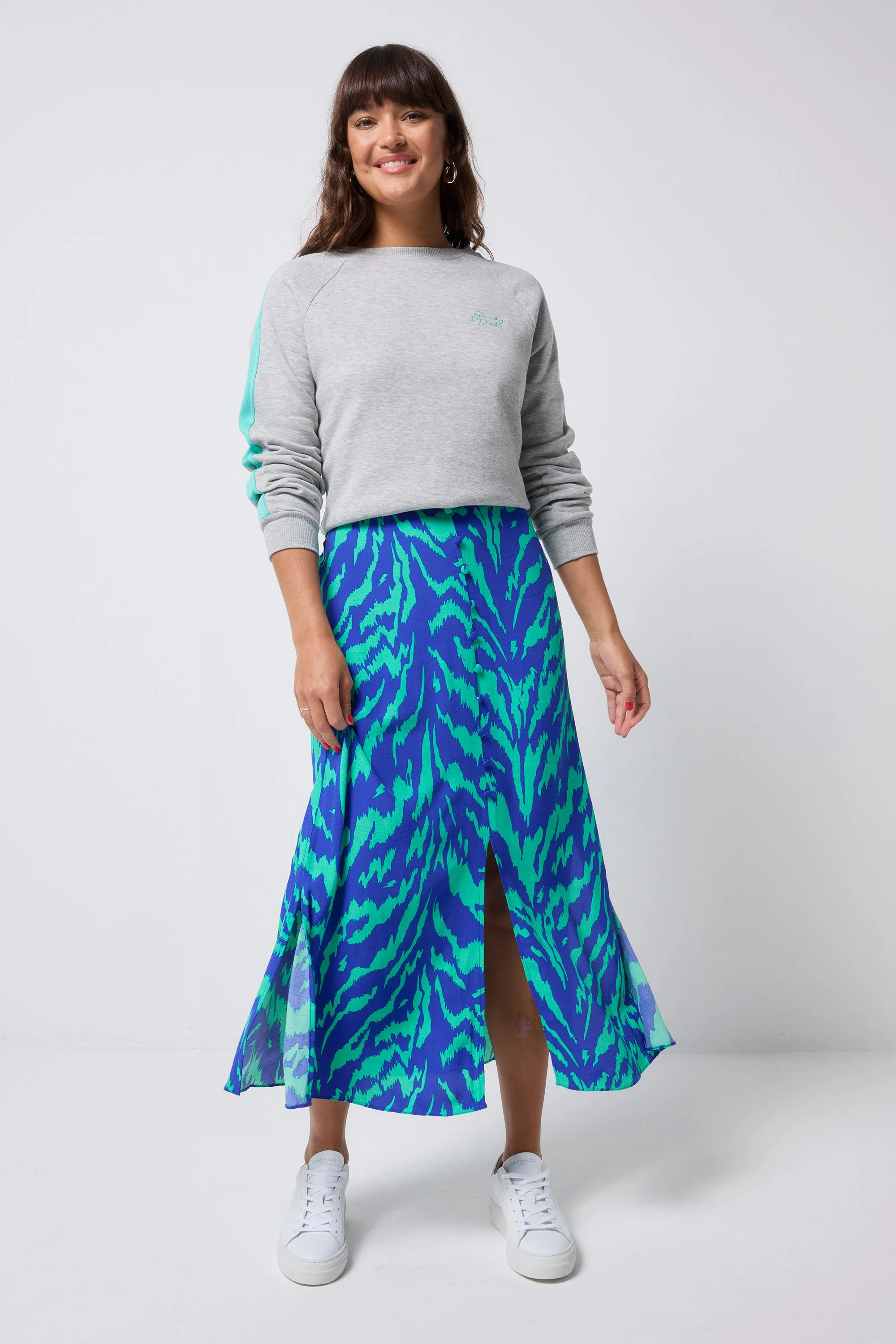 Light Comfort Blue with Green Tiger Button Through Skirt