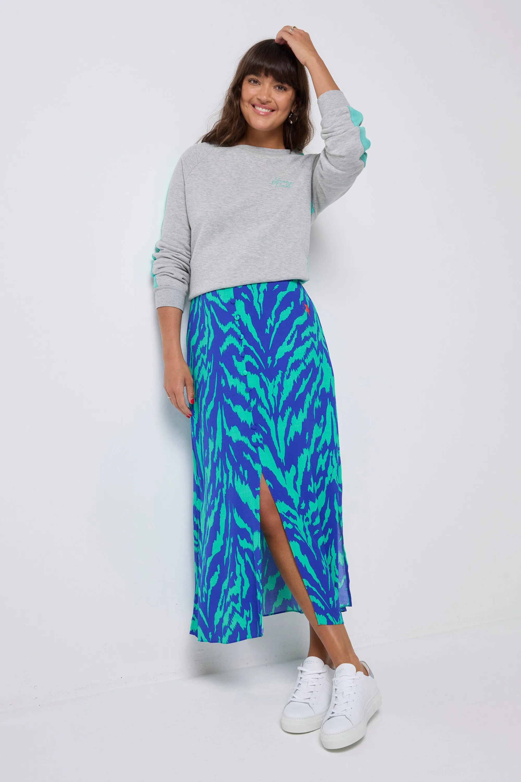 Blue with Green Tiger Button Through Skirt Durable Stitching Twist Front Design