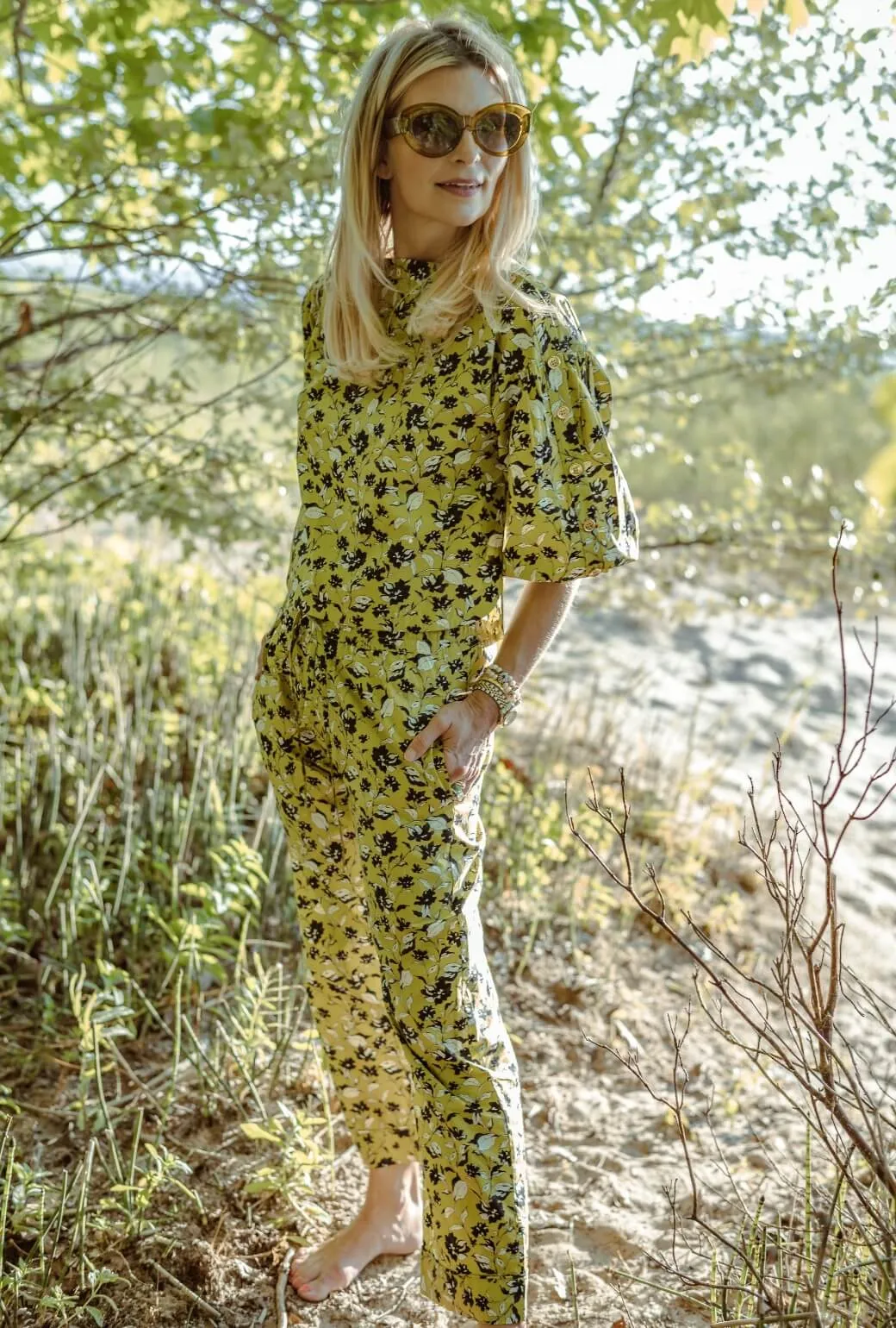 MoistureWickingFabric Le Culottes Full Length - Chartreuse Floral
