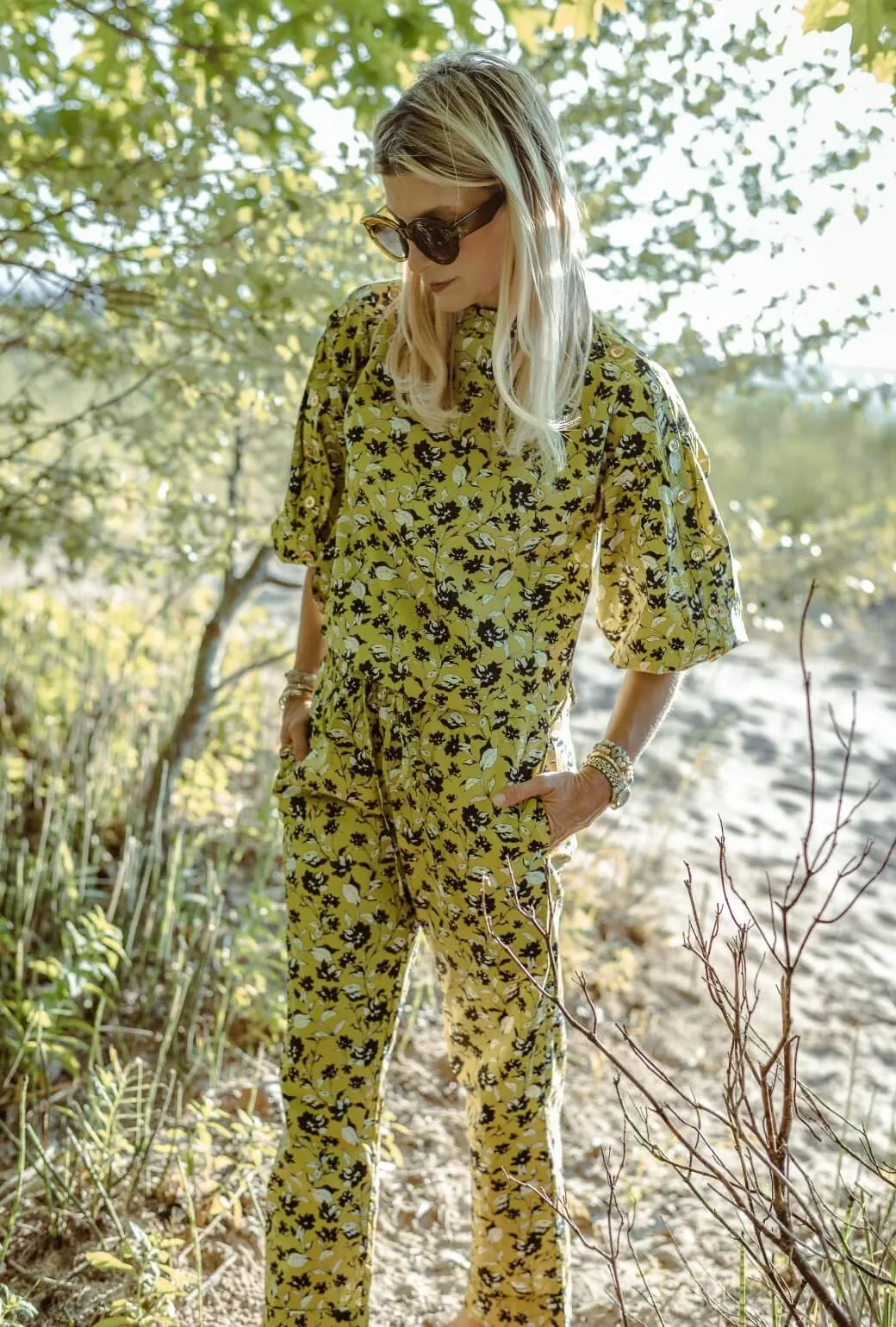 Le Culottes Full Length - Chartreuse Floral Easy Match Lightweight Construction