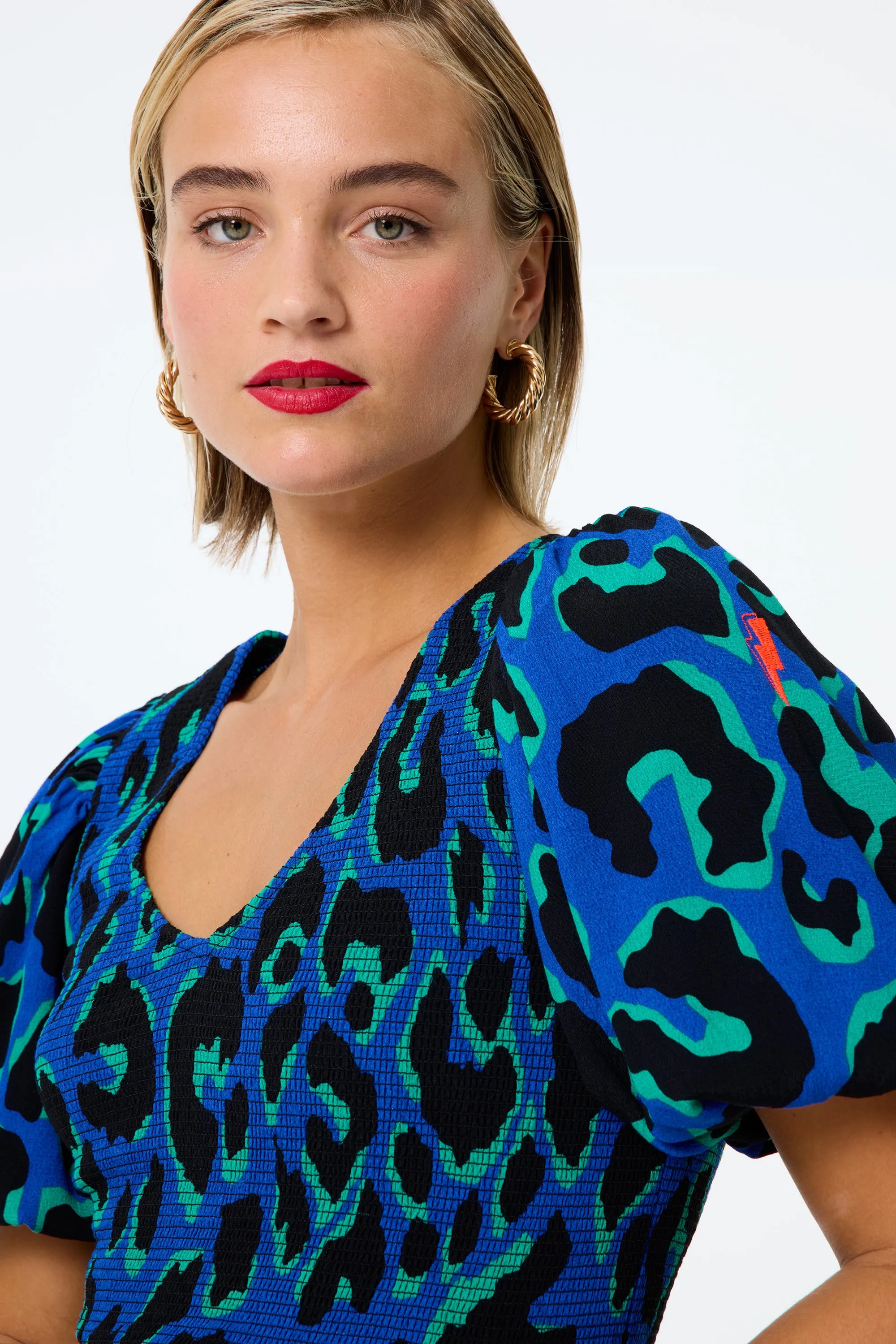 Office Smart Modern Fit Blue with Green and Black Mega Leopard Shirred Puff Sleeve Midi Dress