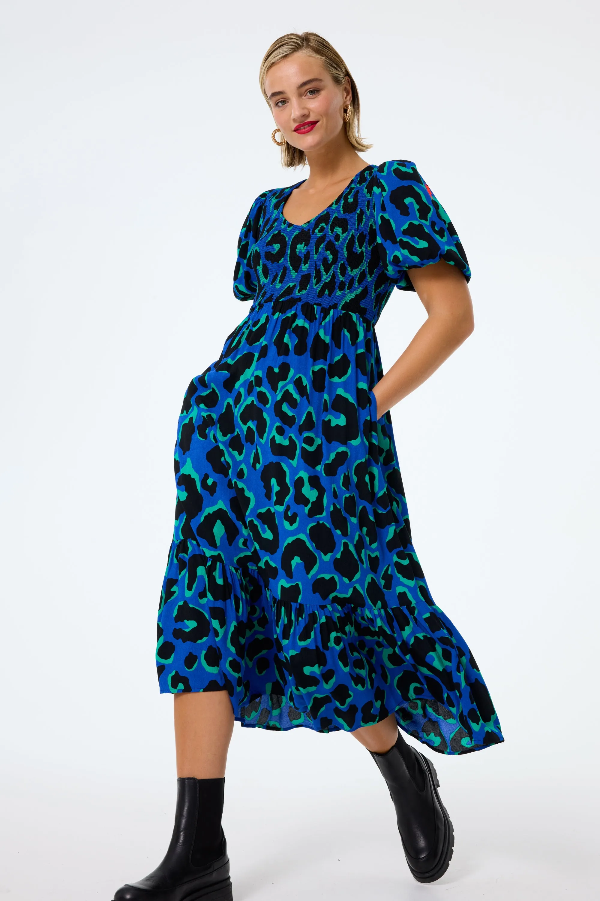 Blue with Green and Black Mega Leopard Shirred Puff Sleeve Midi Dress Easy-Storage Mermaid-Hem