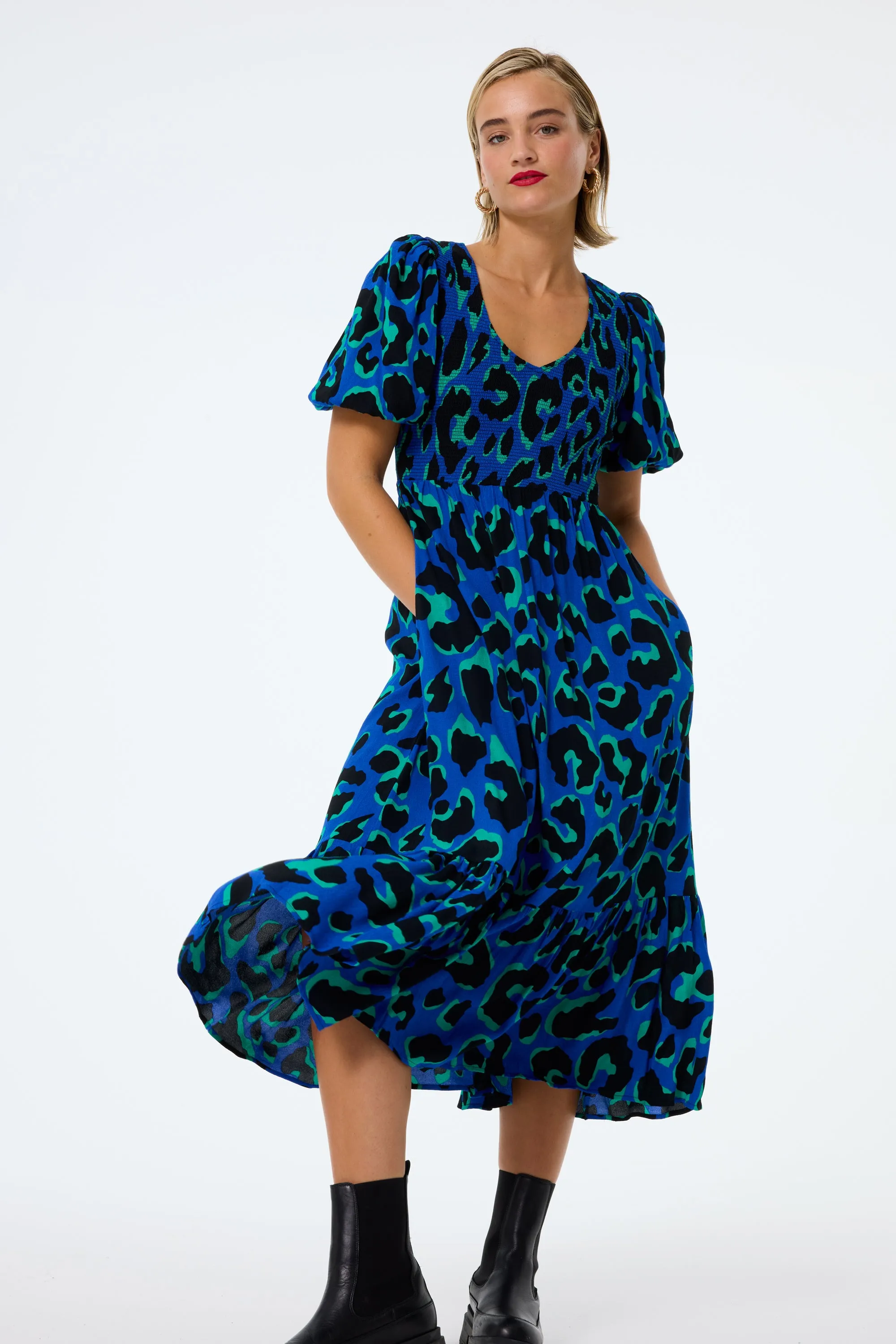 Effortless Wear Blue with Green and Black Mega Leopard Shirred Puff Sleeve Midi Dress