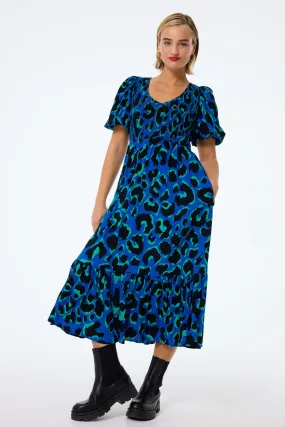Coffee Break Blue with Green and Black Mega Leopard Shirred Puff Sleeve Midi Dress