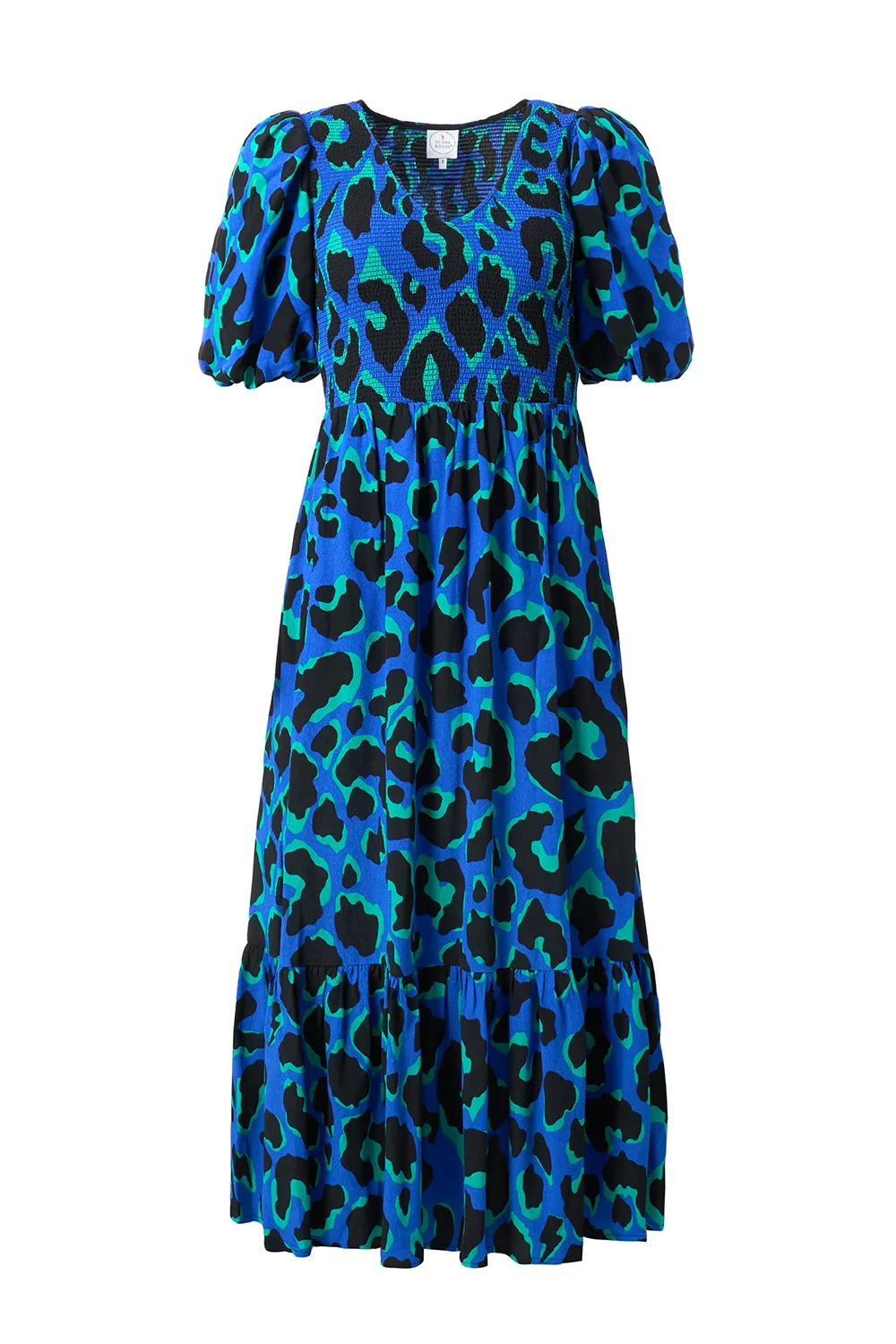 Blue with Green and Black Mega Leopard Shirred Puff Sleeve Midi Dress Balanced Lines Feminine Comfort