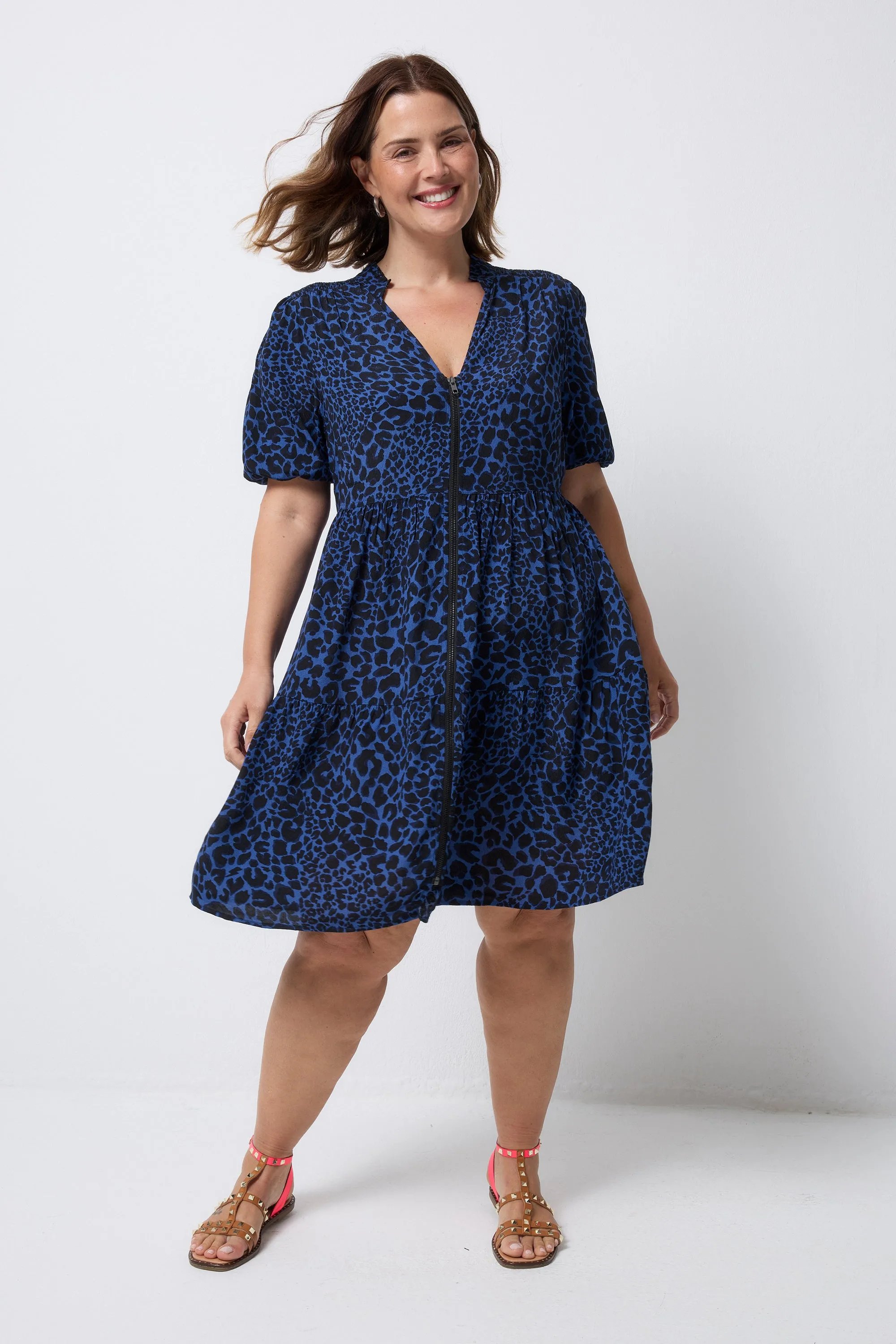 Modern Soft Navy with Black Rock and Roll Leopard Zip Detail Tiered Short Dress