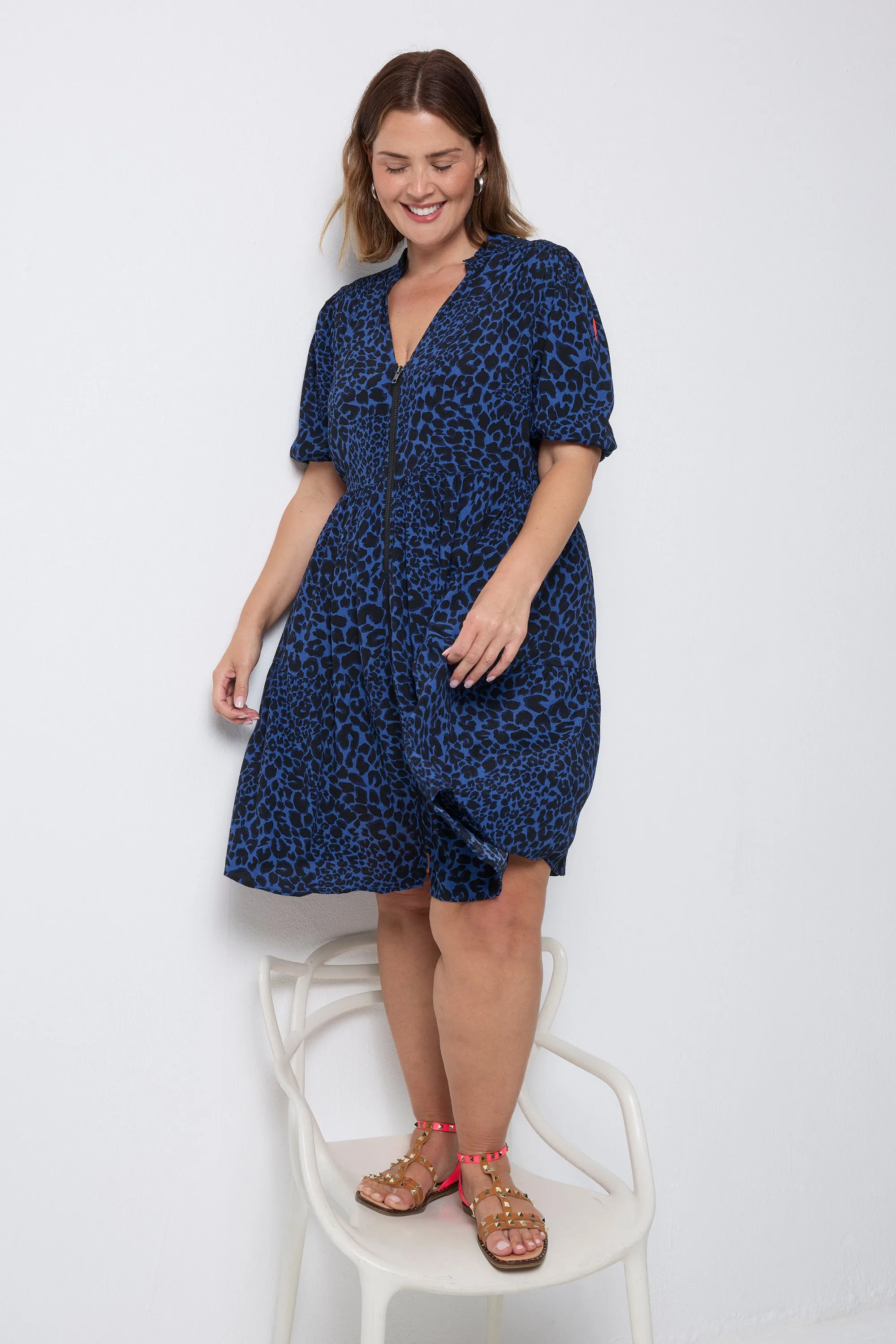 Navy with Black Rock and Roll Leopard Zip Detail Tiered Short Dress Vibrant evening gown