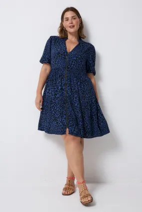 Linen-Blend Navy with Black Rock and Roll Leopard Zip Detail Tiered Short Dress
