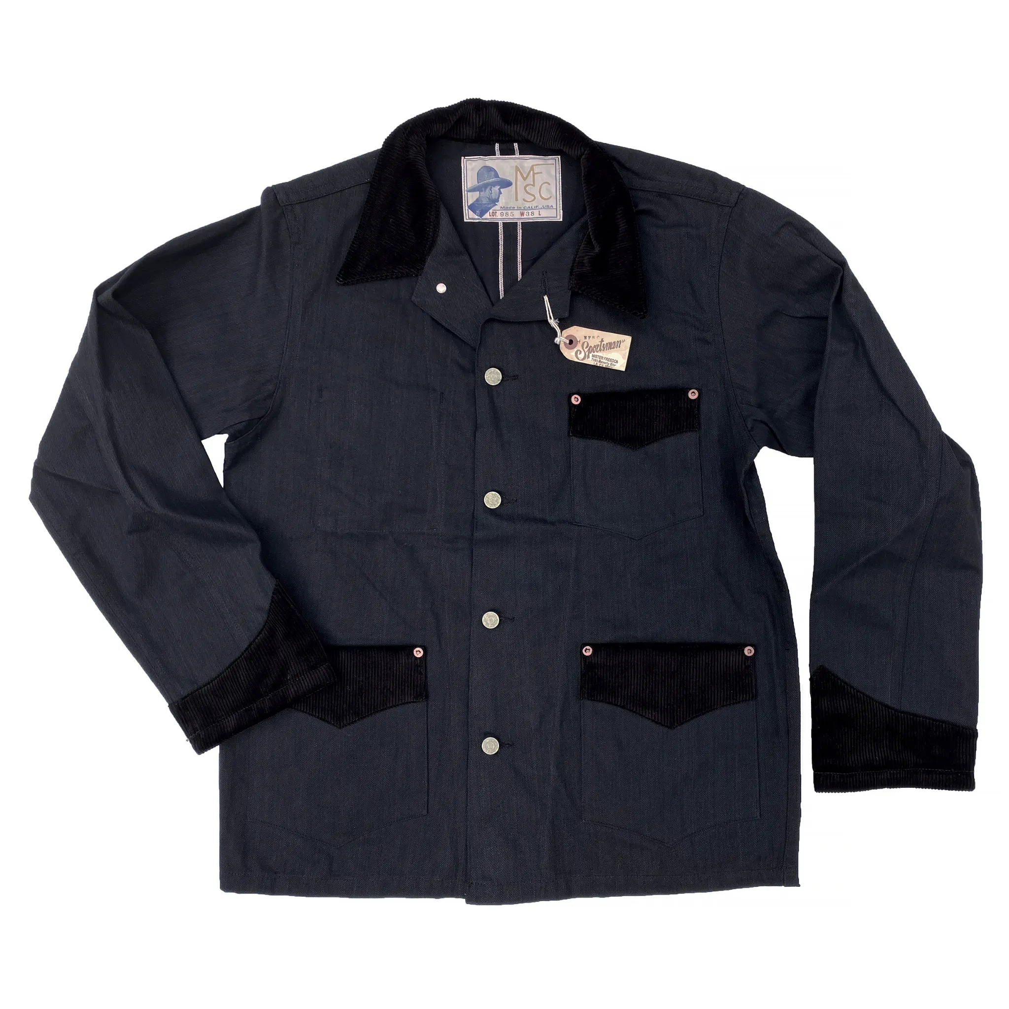 Noise Reduction Design Flexible Shoulder Panels The Desperado Brush Coat - Black Sulfur-dyed Denim