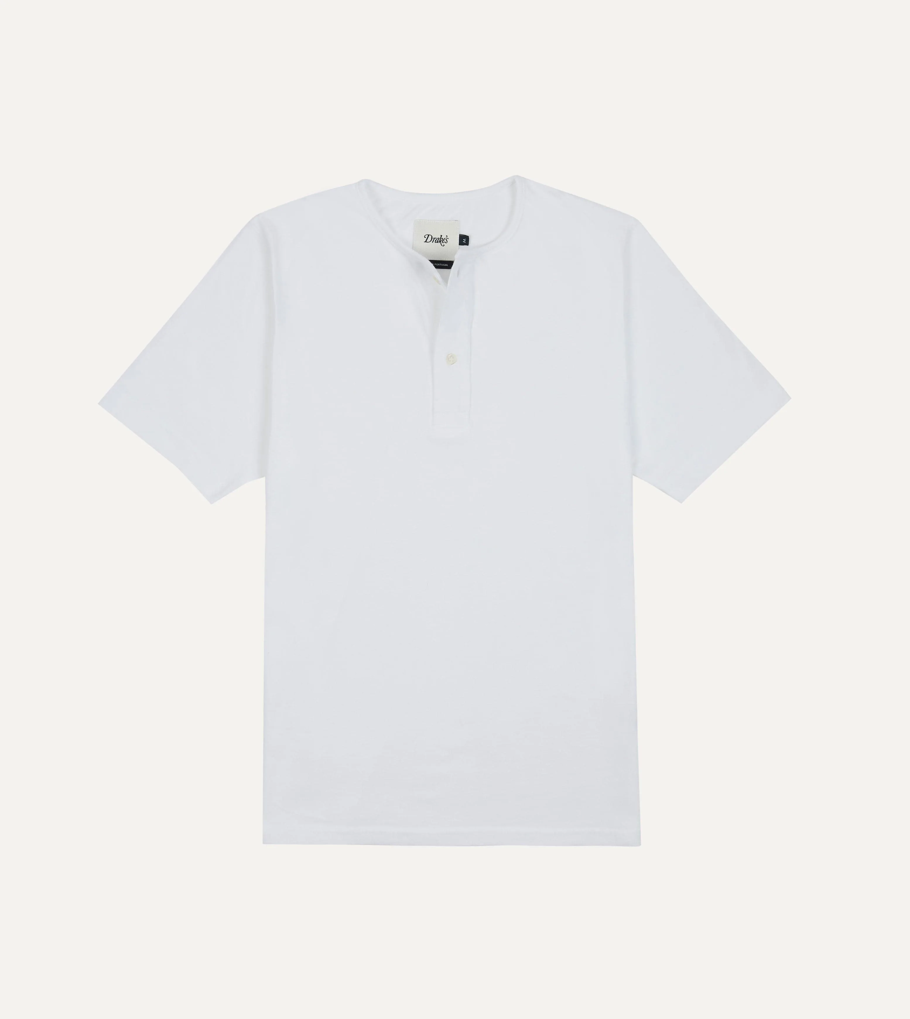Ribbed Collar Trim White Cotton Two-Button Henley T-Shirt