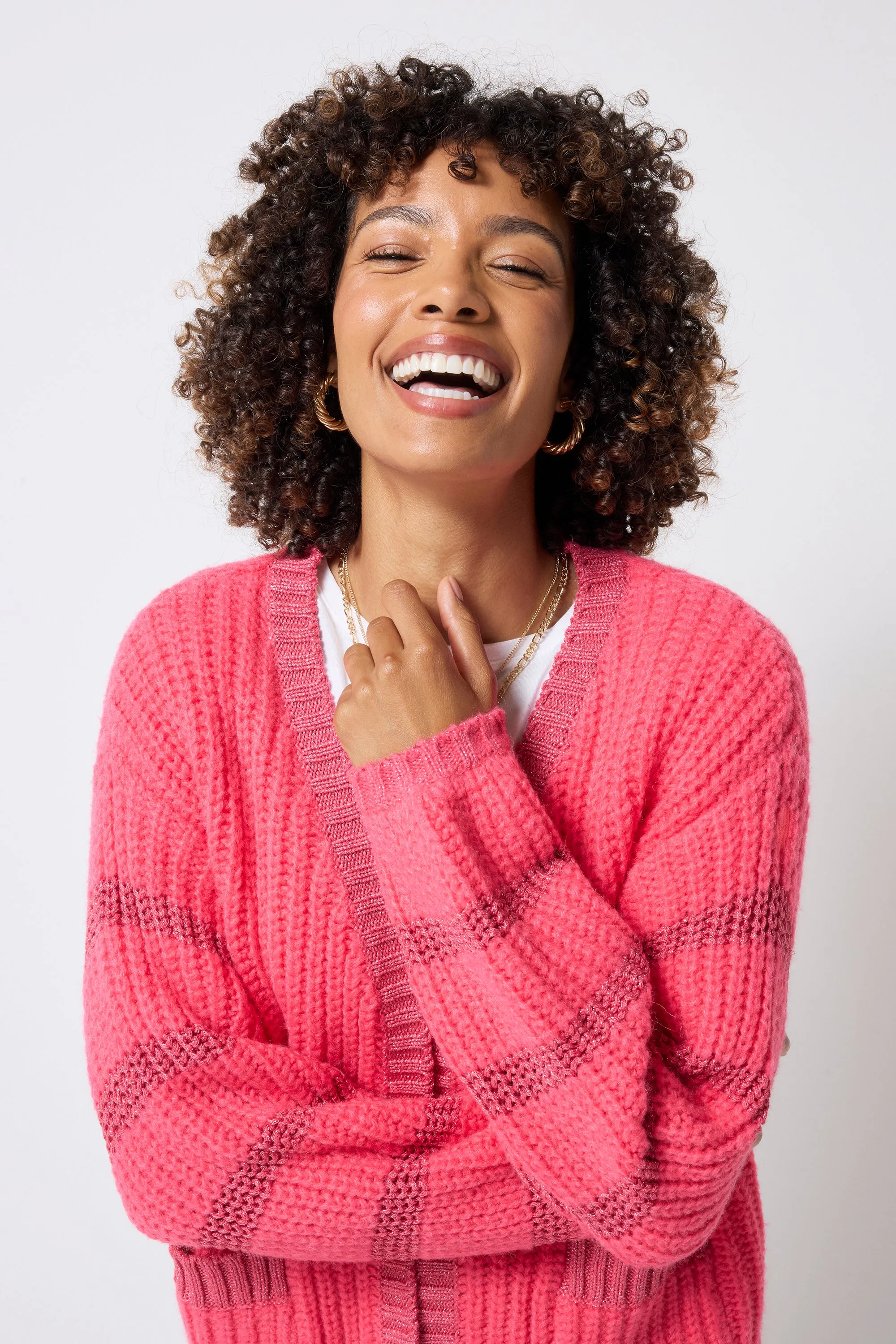 Coral with Pink Lurex Stripe Edge to Edge Cardigan TemperatureRegulating Yarn