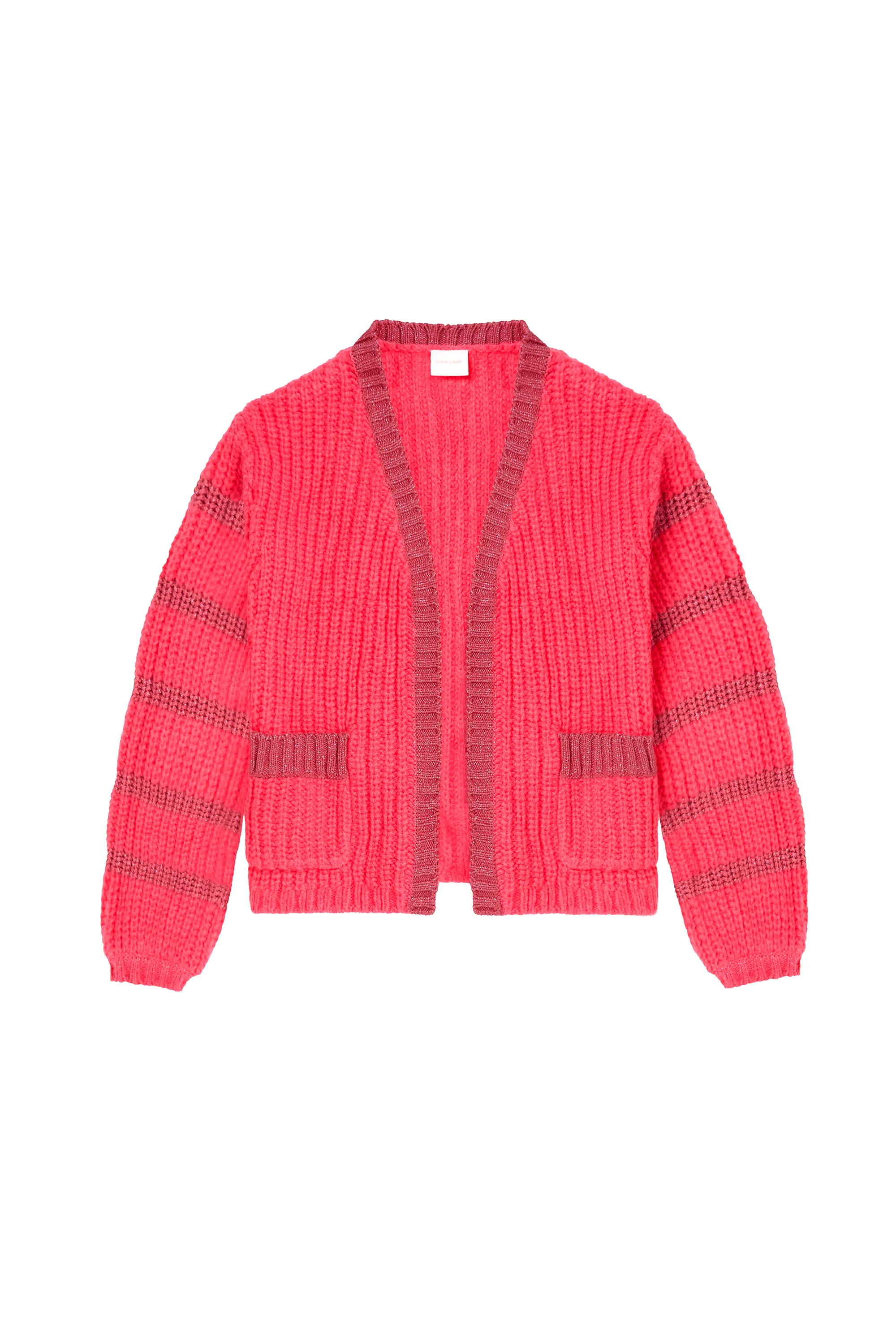 Recycled Fiber Blend On-The-Go Coral with Pink Lurex Stripe Edge to Edge Cardigan