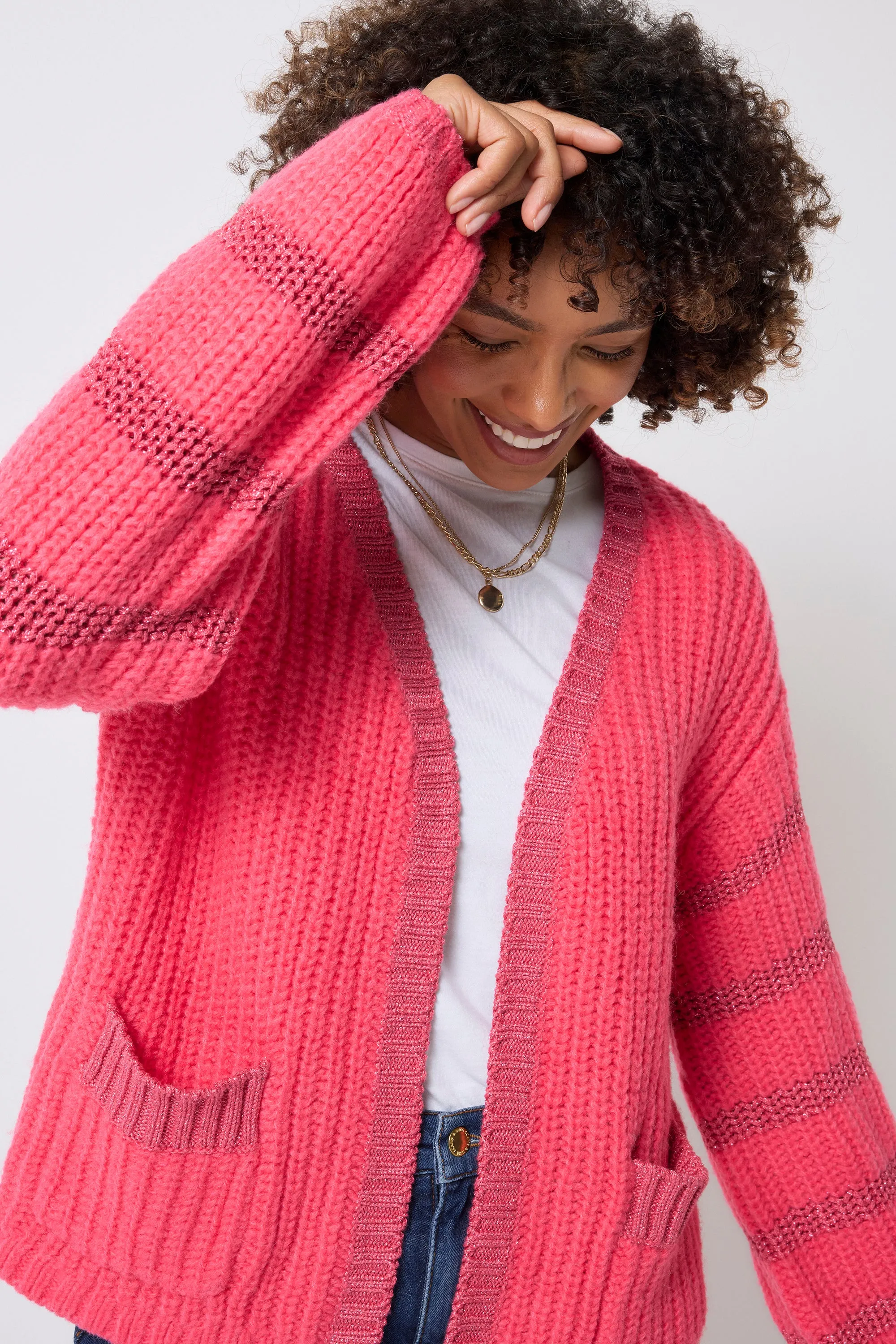 UVProtective Layer AntiSnag Surface Coral with Pink Lurex Stripe Edge to Edge Cardigan