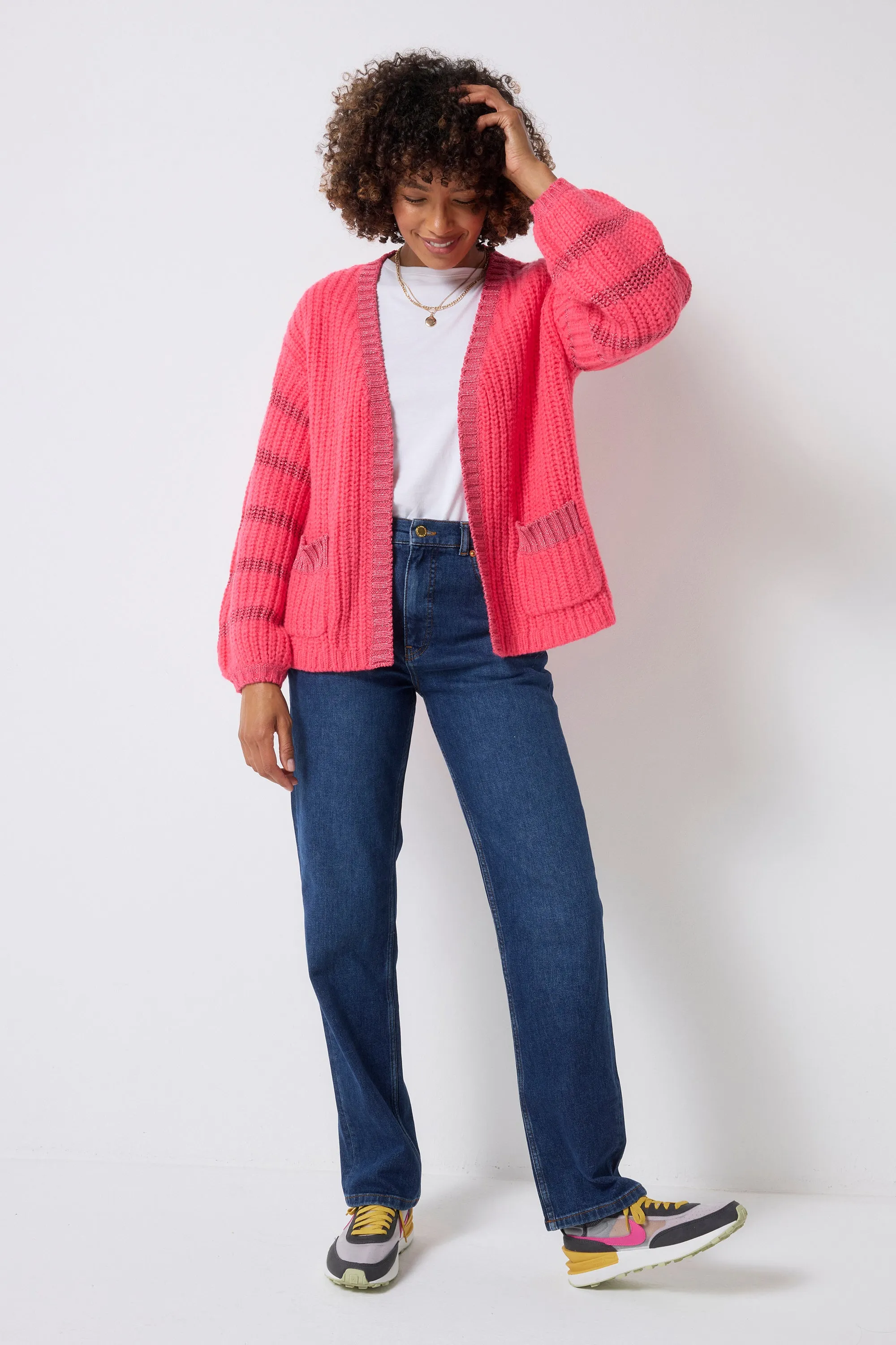 OekoTex Certified Plush Texture Coral with Pink Lurex Stripe Edge to Edge Cardigan