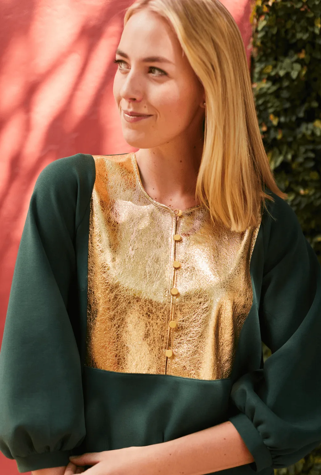 Summer Fashion Bib Front A-line Dress - Emerald & Gold