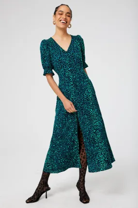 Green with Black Wild Leopard Flute Sleeve Midi Tea Dress Sophisticated Layers