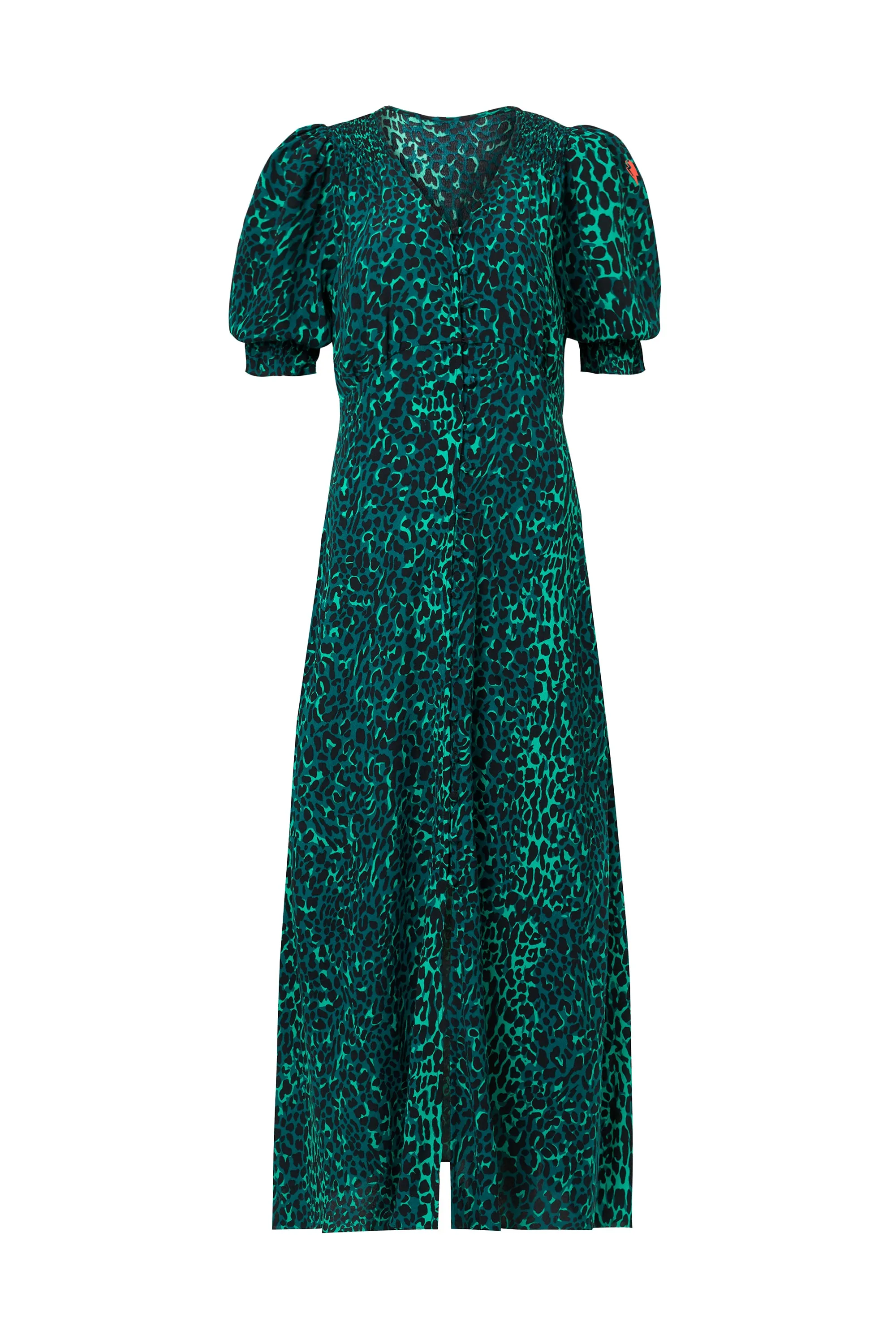 Ombre-Effect Cocktail Ready Green with Black Wild Leopard Flute Sleeve Midi Tea Dress