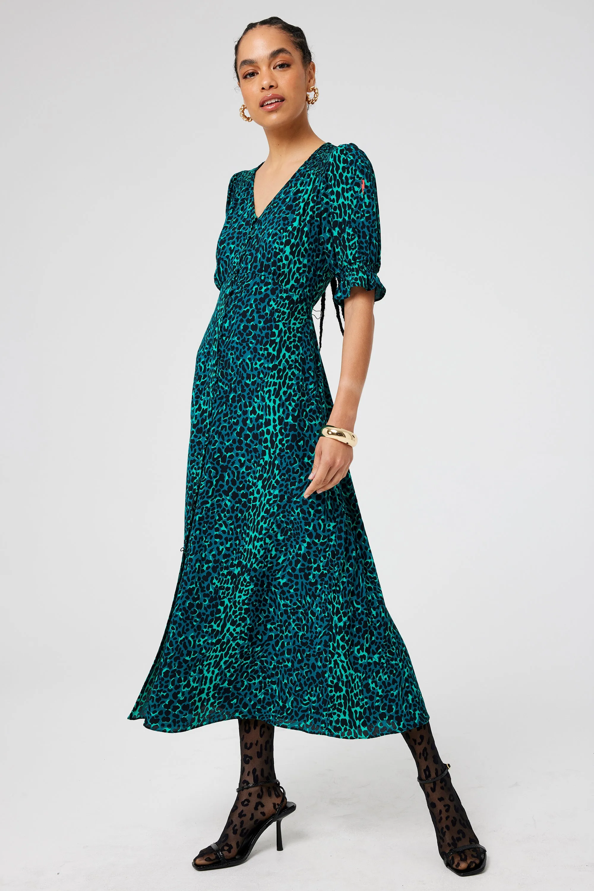Green with Black Wild Leopard Flute Sleeve Midi Tea Dress Quiet Sweet Texture Rich