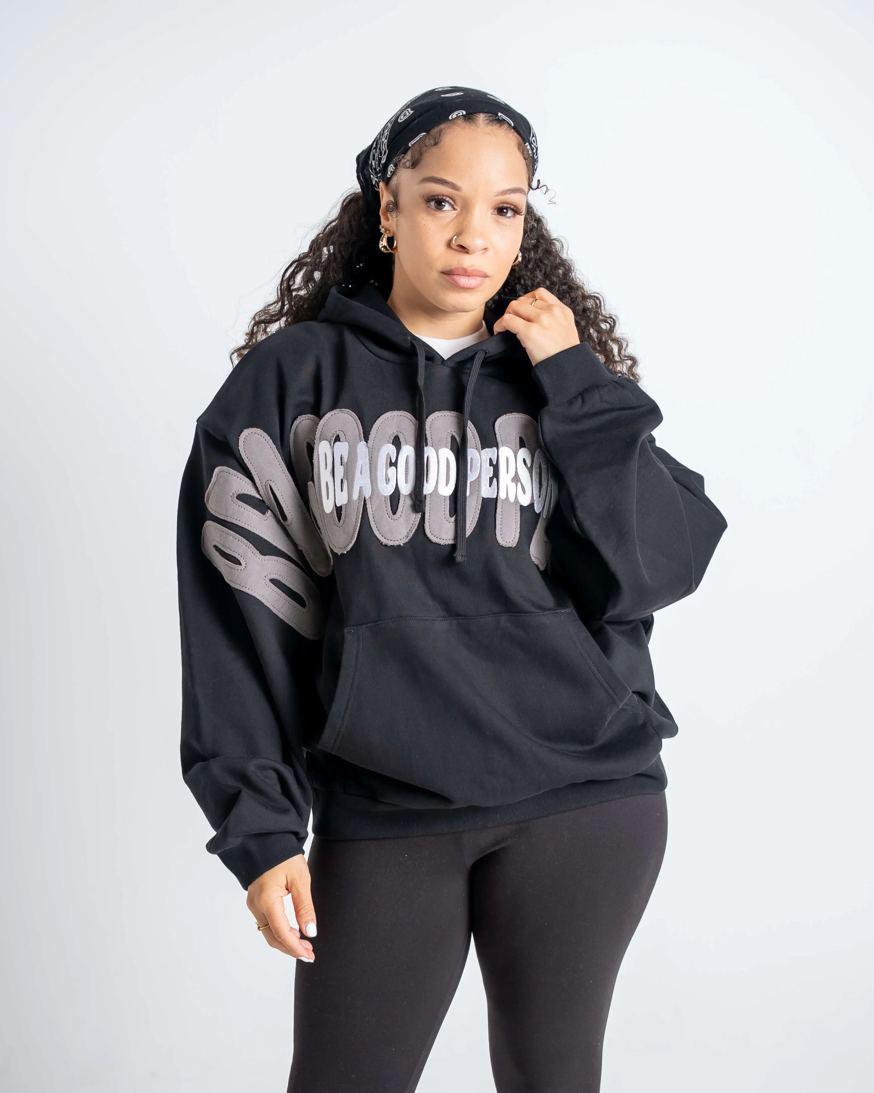 Pinched Slouch Fit Hoodie - Black Stretch Blend Fabric