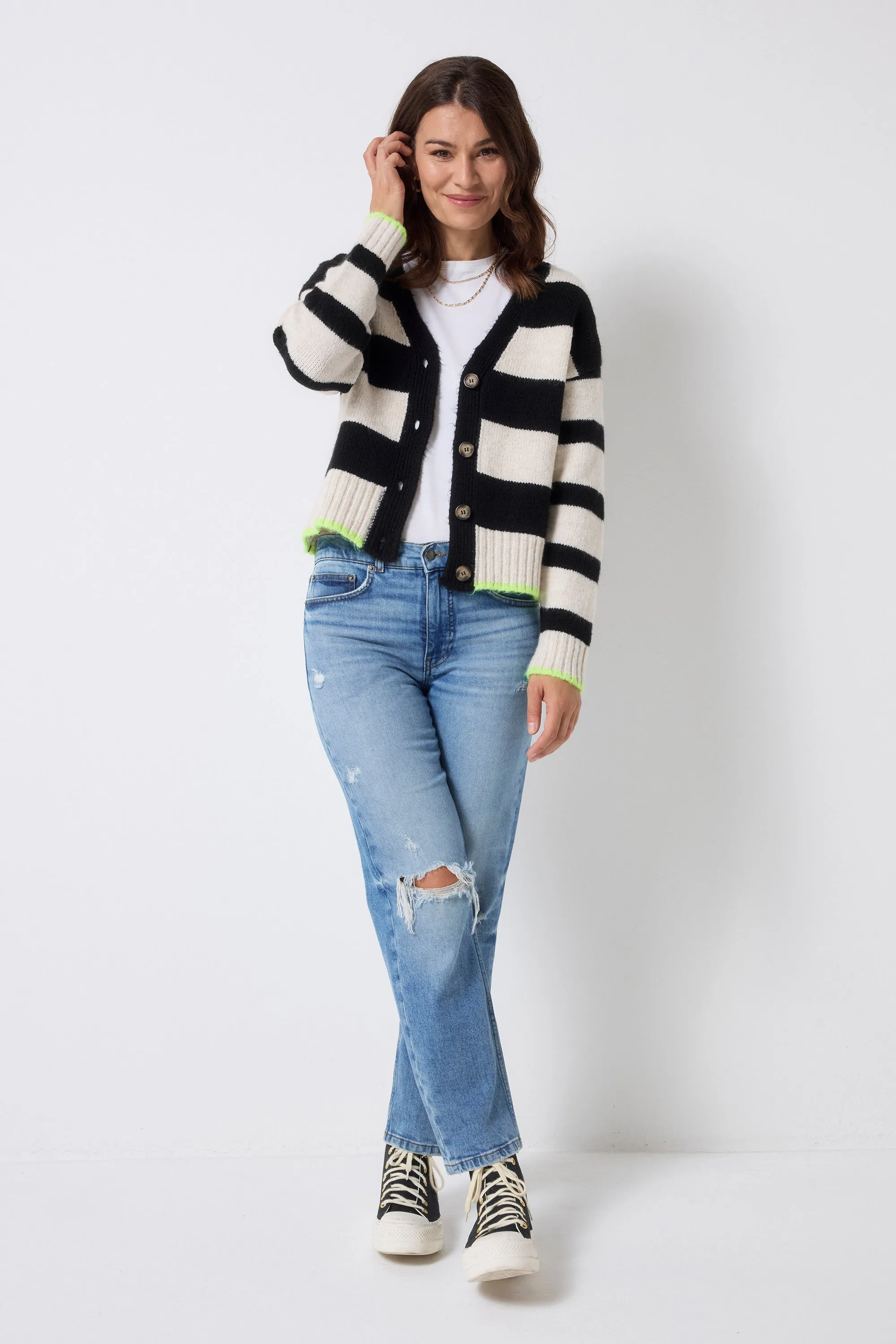 Cream with Black Bold Stripe Cardigan Autumn Layer SweaterSpecific Detergent Guide