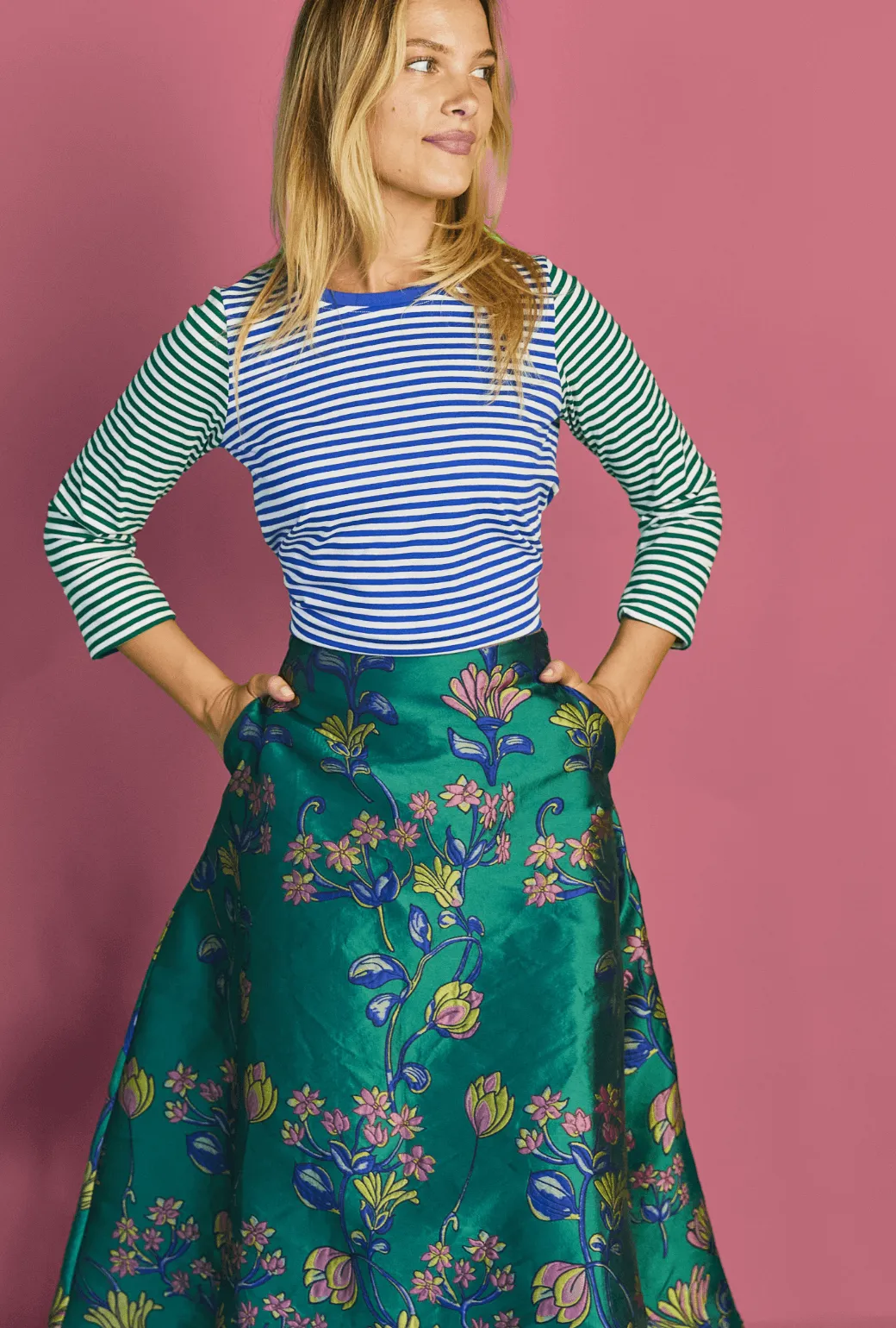 Crew Neck Contrast Tee - Green and Blue Stripe Breathable mesh