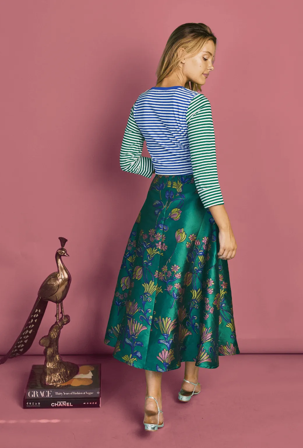 Adaptive Waistband Crew Neck Contrast Tee - Green and Blue Stripe