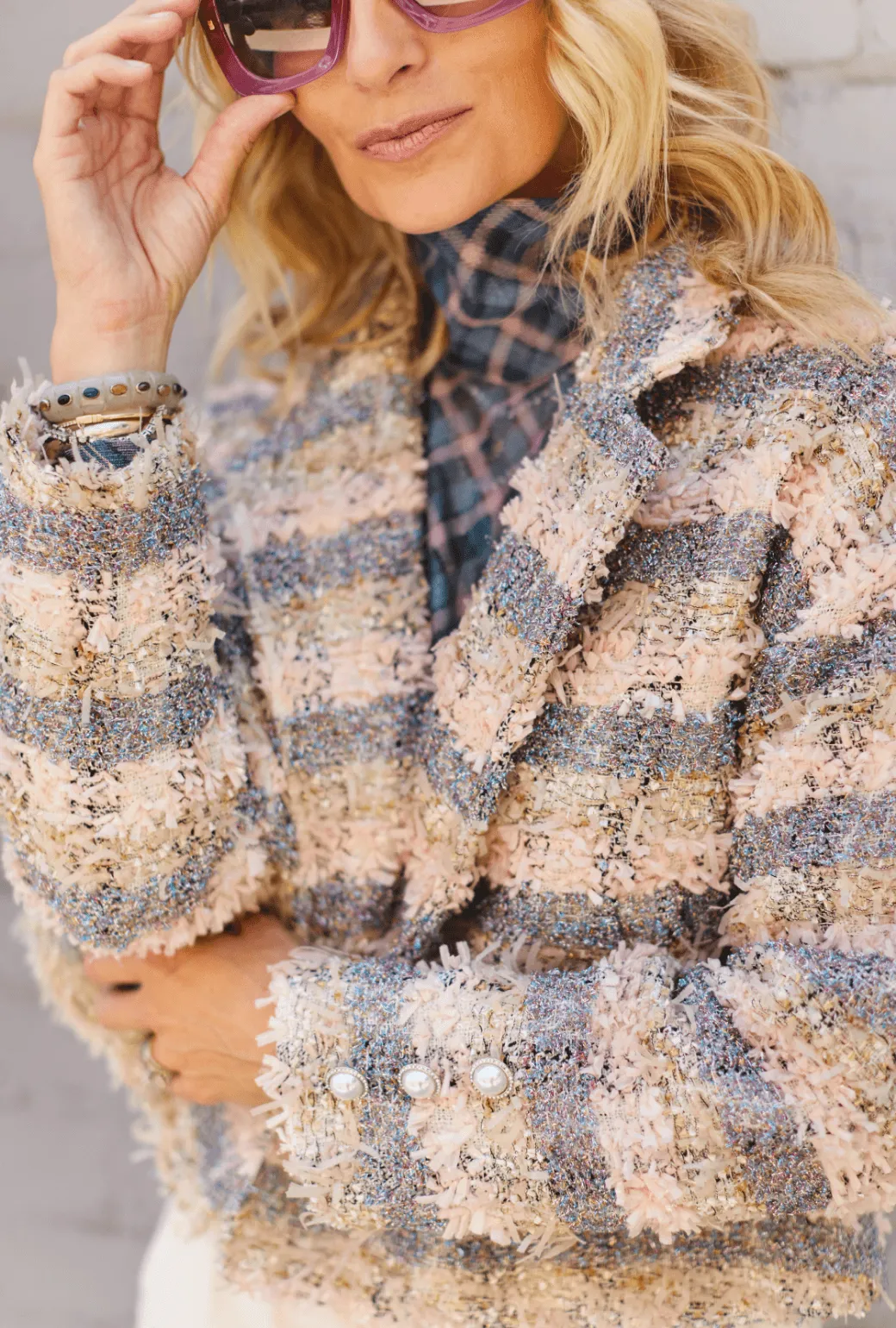 Cropped Blazer - Iridescent Tweed Faux Fur Collar