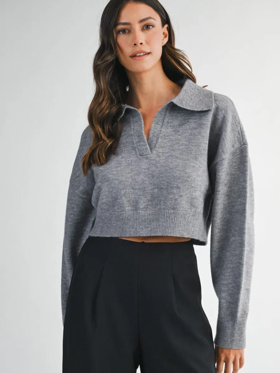 CROPPED COLLARED KNIT SWEATER - GREY Lightweight Design NoTagLabel