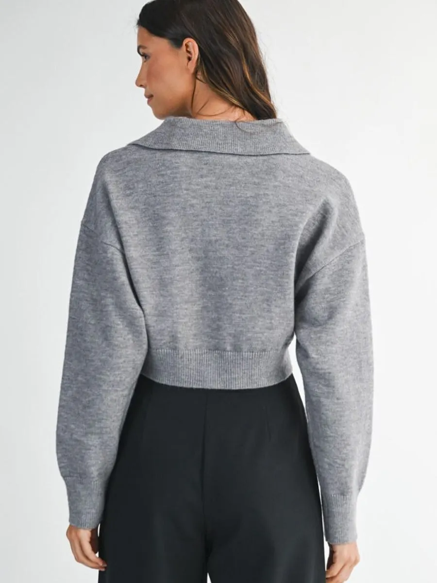 Wrinkle Resistant Weave CROPPED COLLARED KNIT SWEATER - GREY