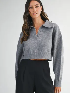 CROPPED COLLARED KNIT SWEATER - GREY Lightweight Design NoTagLabel