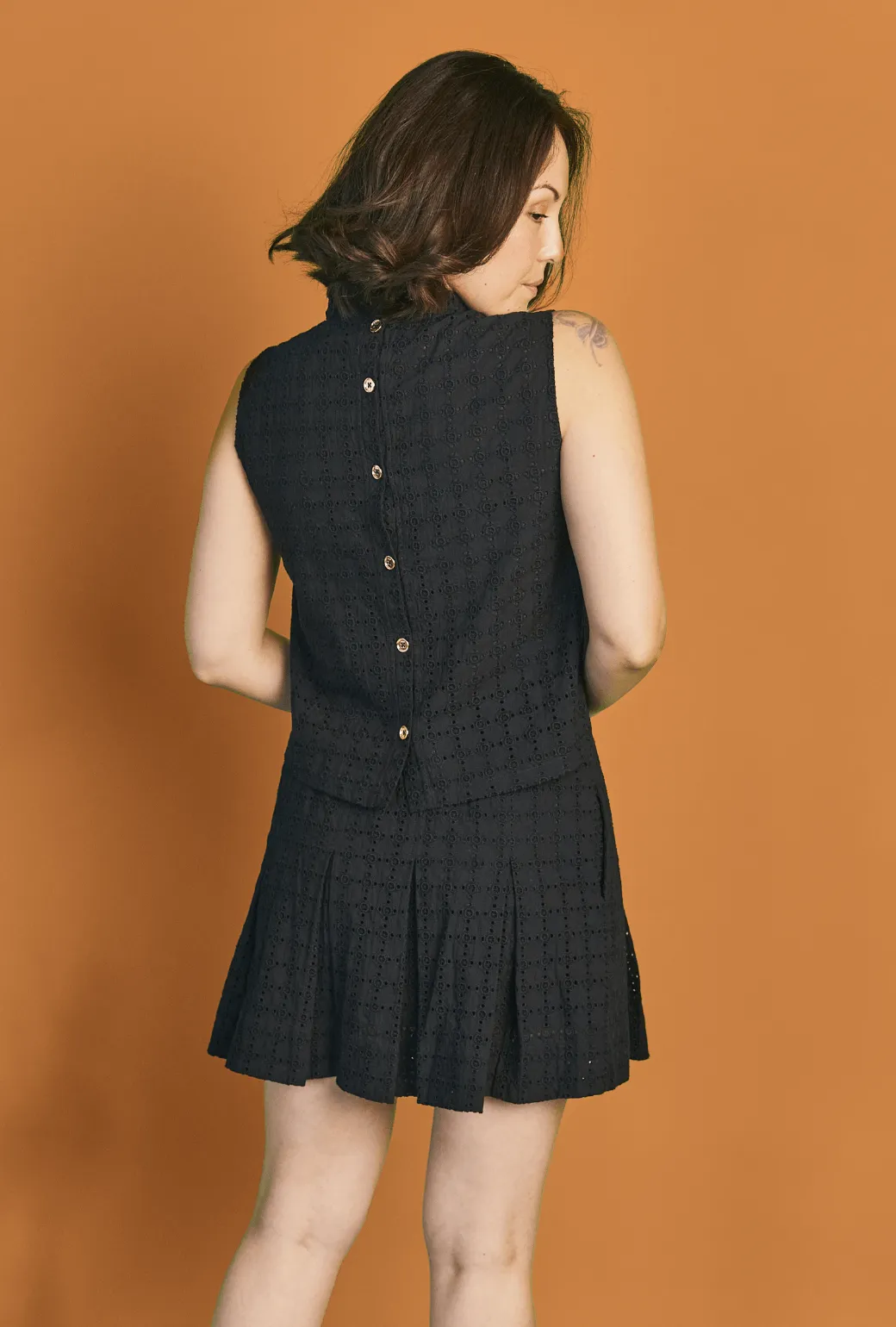 Cropped Sleeveless Mod Top - Black Eyelet Textured Fabric Finish