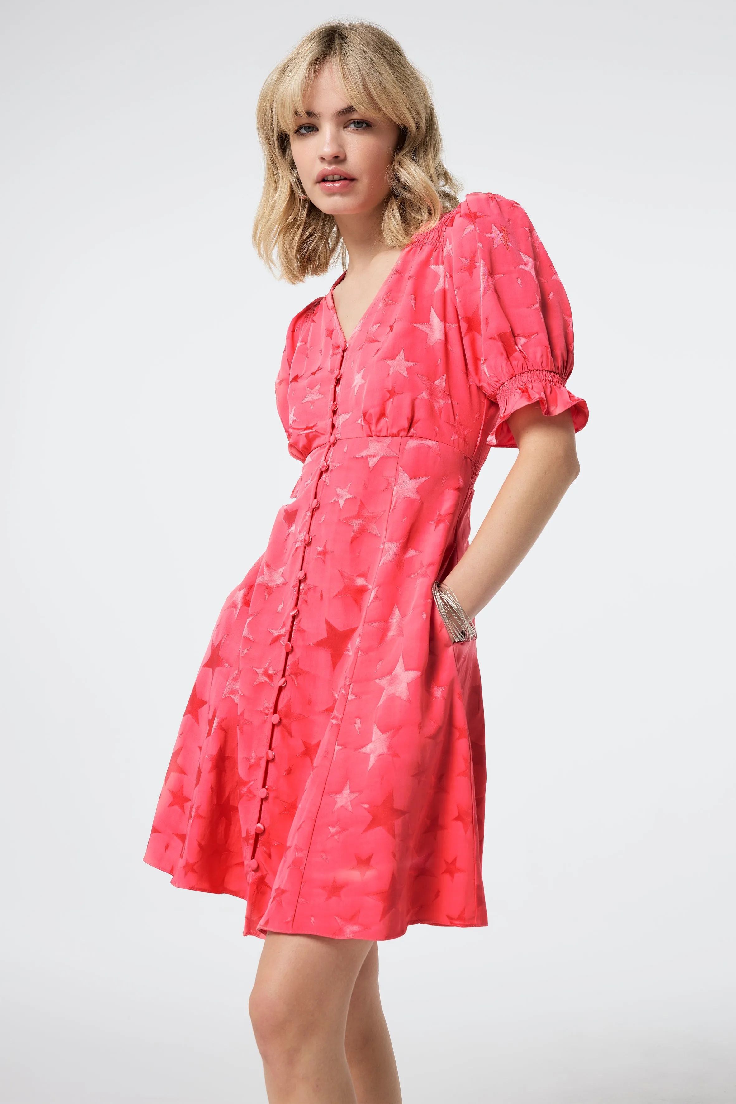 Chic boho dress Coral Star Jacquard Flute Sleeve Short Tea Dress