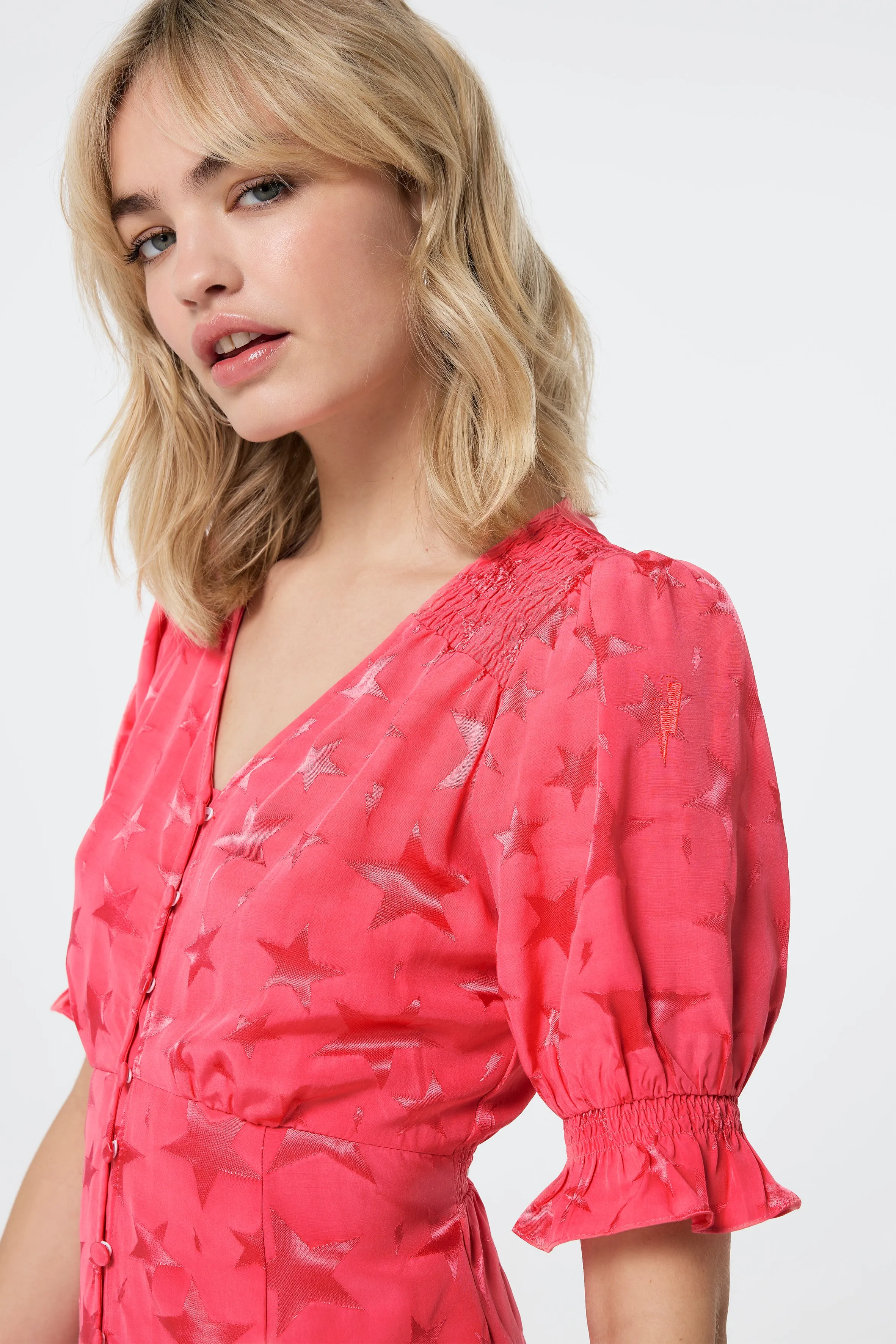 Flattering Style Fit Comfort and Elegance Coral Star Jacquard Flute Sleeve Short Tea Dress