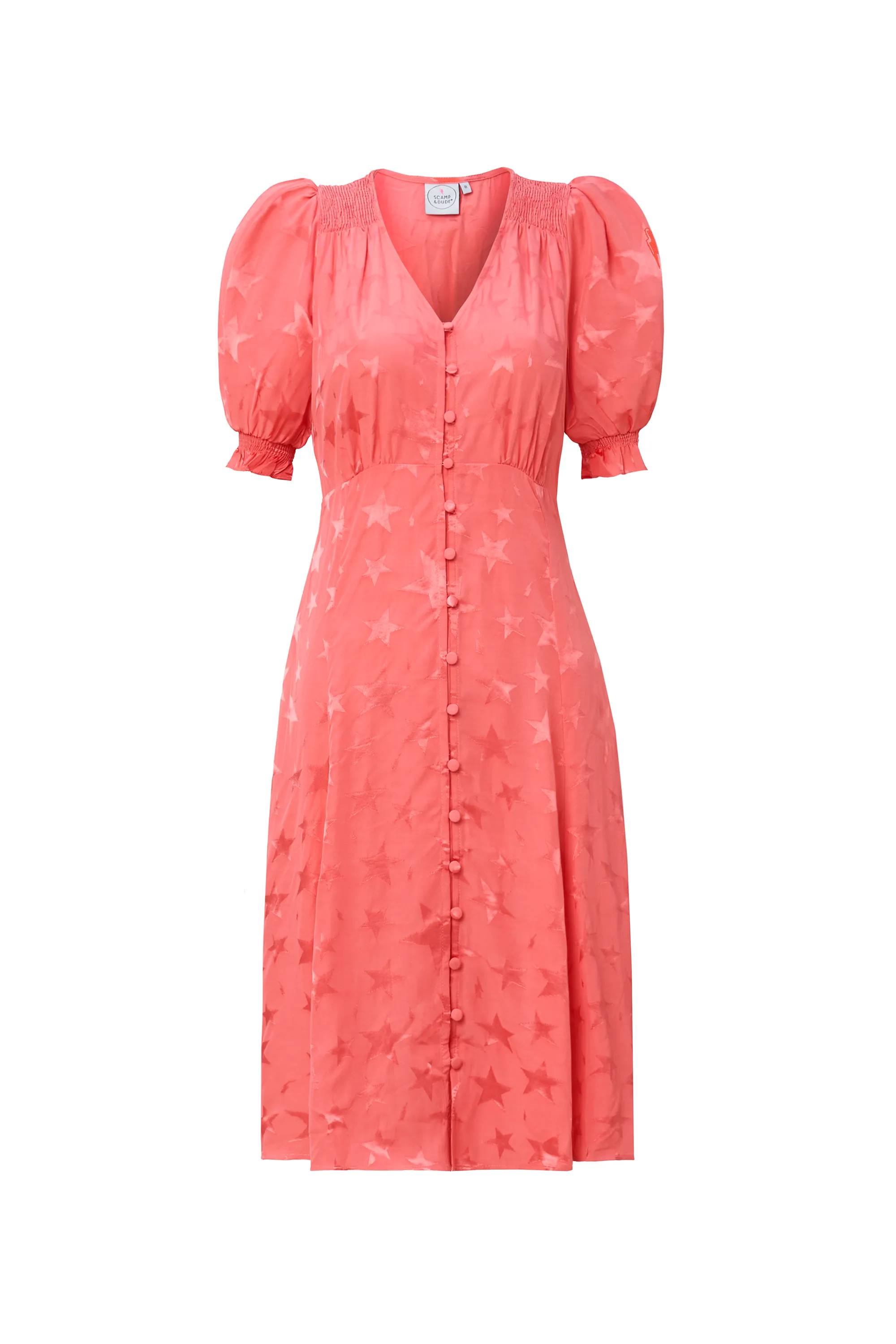 Coral Star Jacquard Flute Sleeve Short Tea Dress Vibrant Style Sharp Finish