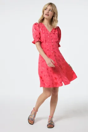 Coral Star Jacquard Flute Sleeve Short Tea Dress Smart Blend Kind Light